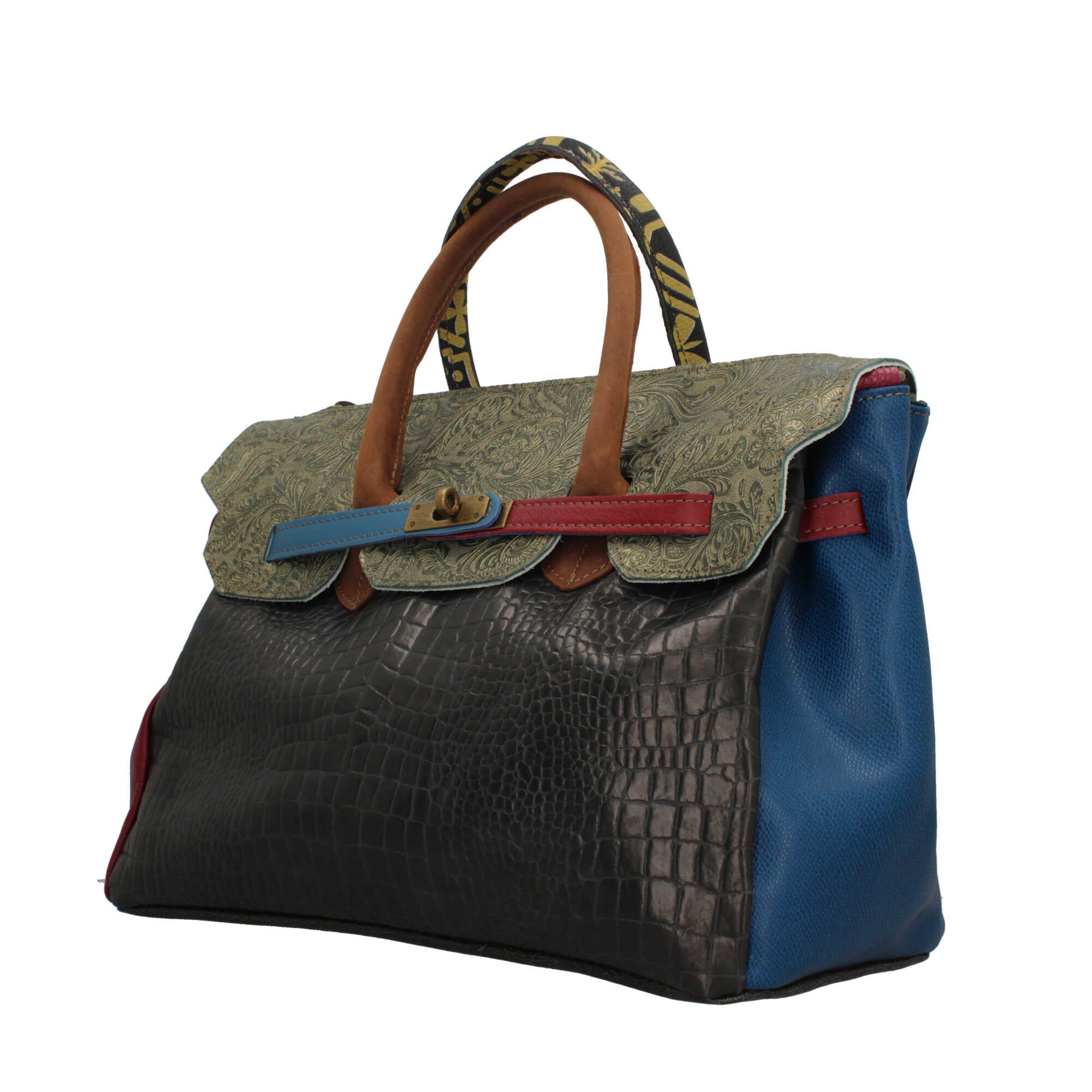 Borsa a mano Made in Italy con patta effetto metallizzato e stampa artistica