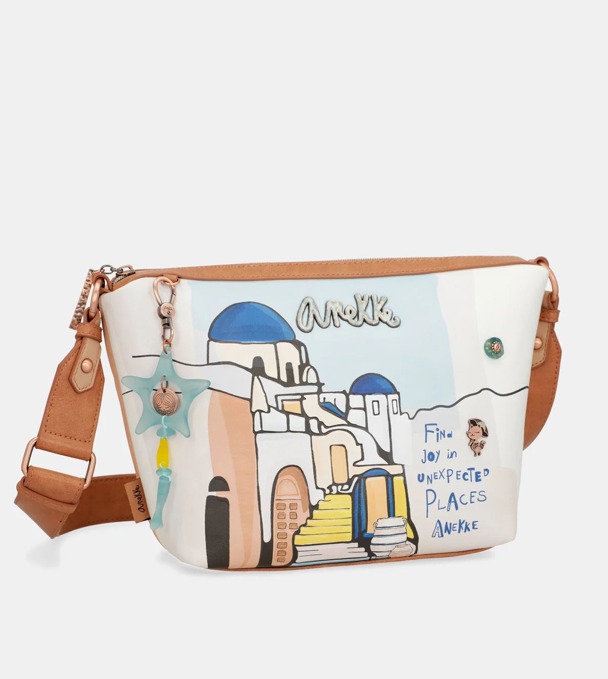 Borsa a tracolla media Anekke Sunrise con stampa ispirata al Mediterraneo Bianco TU | Giò Fashion