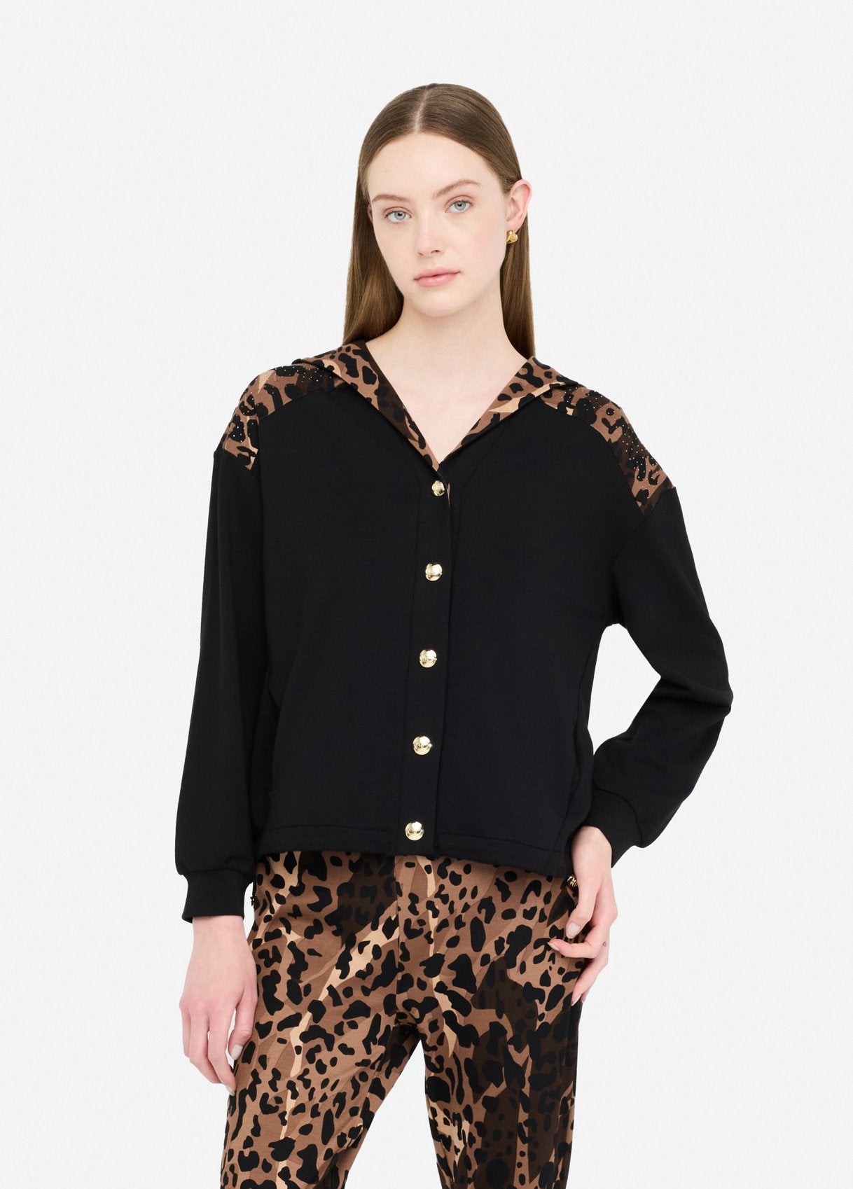 Liu Jo felpa con bottoni dorati e dettagli animalier Nero L | Giò Fashion