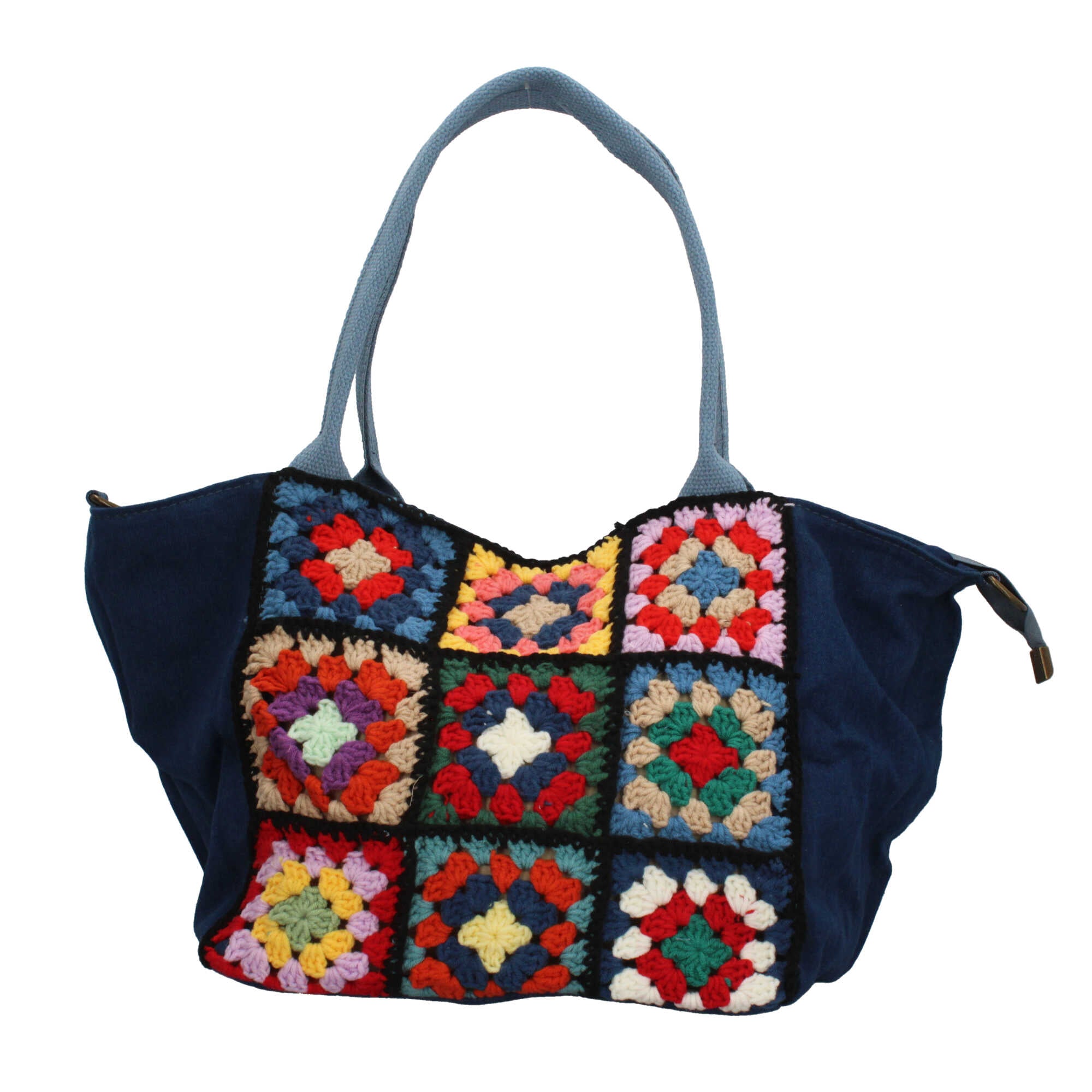 Borsa artigianale con inserti crochet in stile patchwork