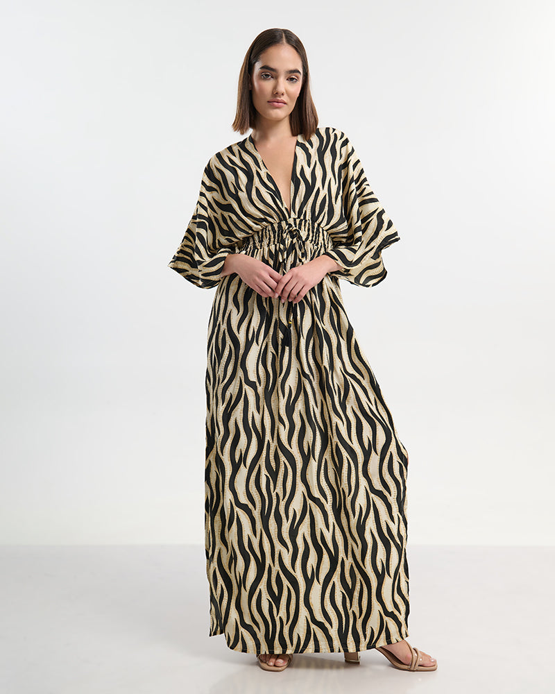 Ble Resort Collection Abito Lungo a Maniche 3/4 con Dettagli Zebrati