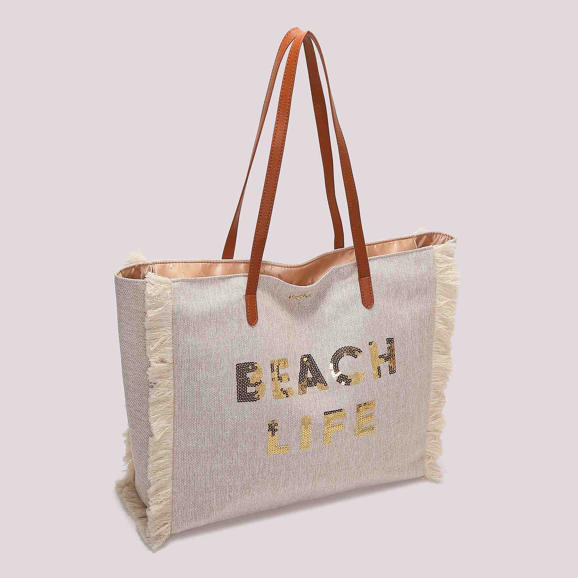 Mimi Mua shopper mare con scritta e paillettes Beige TU | Giò Fashion