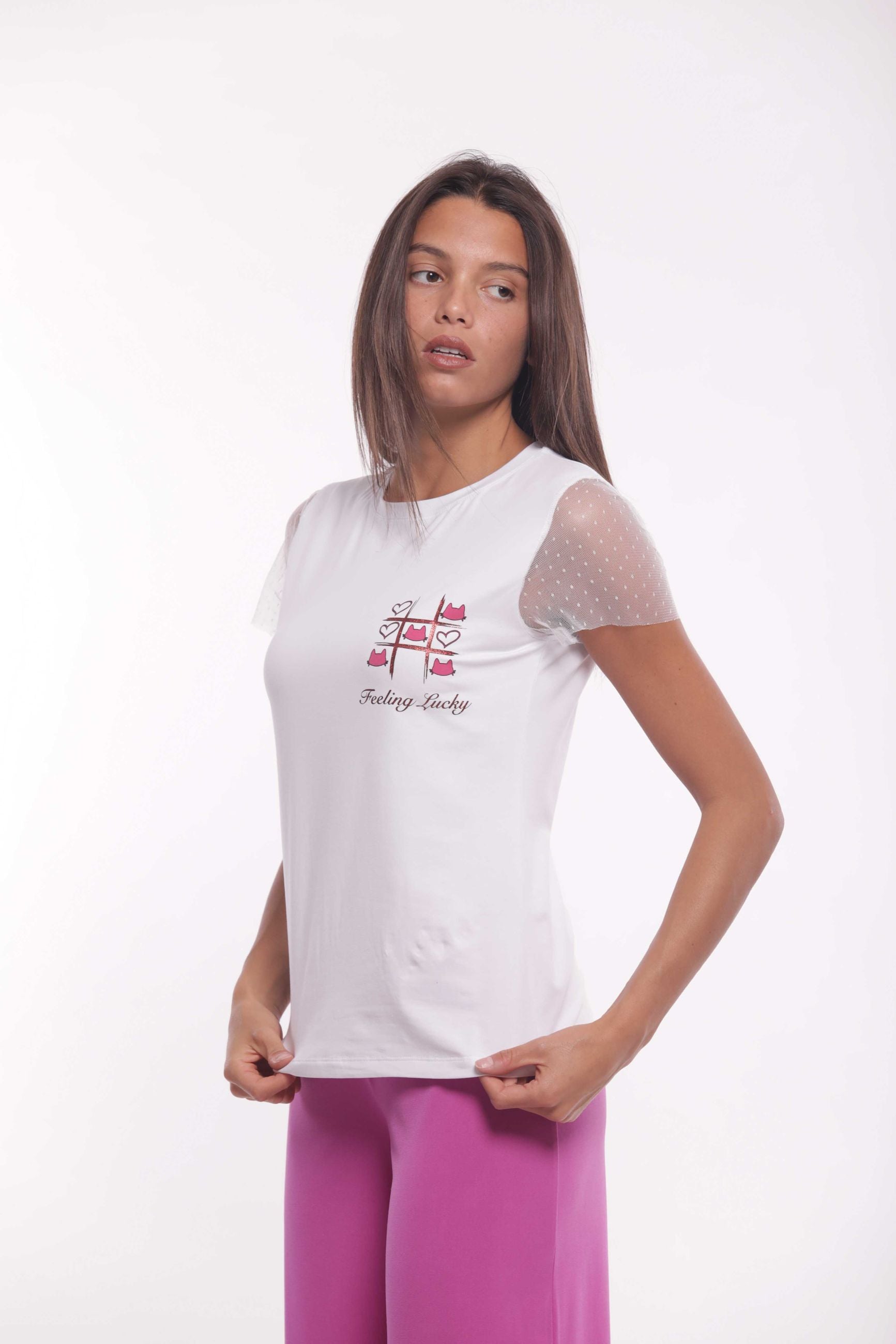 Minimua T-shirt Feeling Lucky con Maniche in Tulle