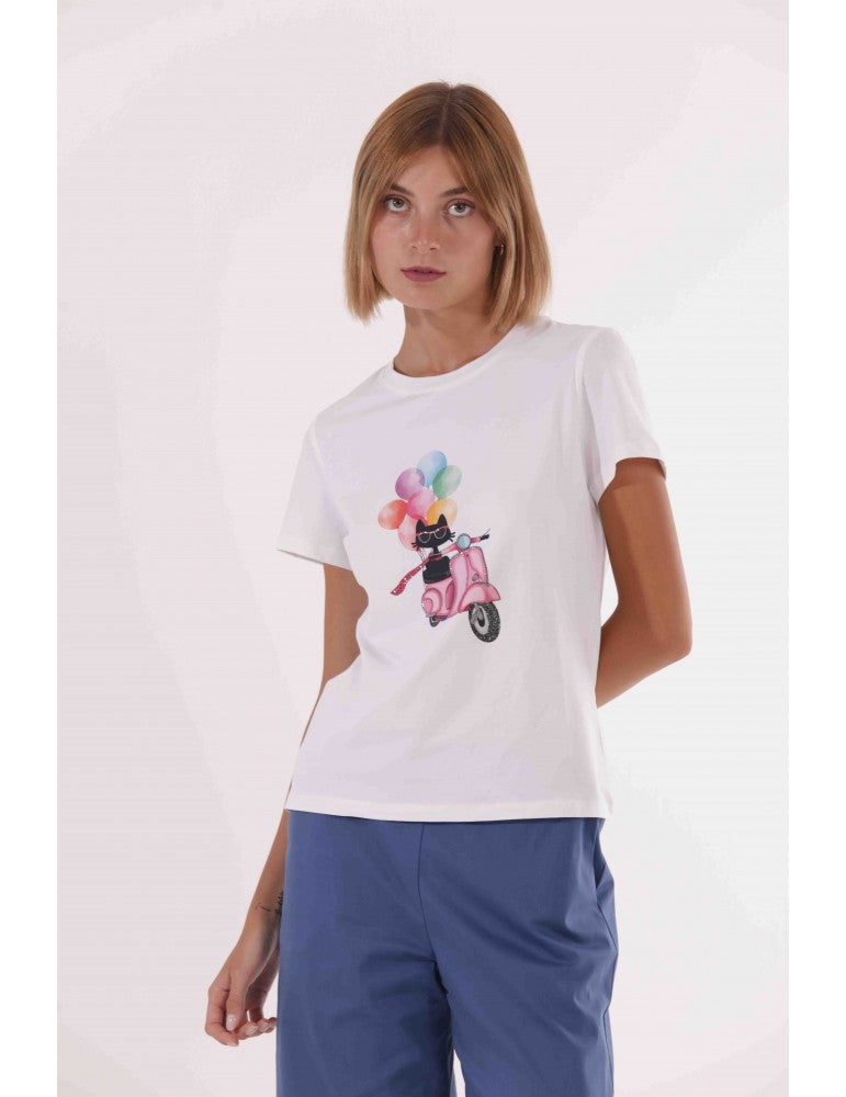 T-shirt donna con stampa gatto su Vespa e palloncini
