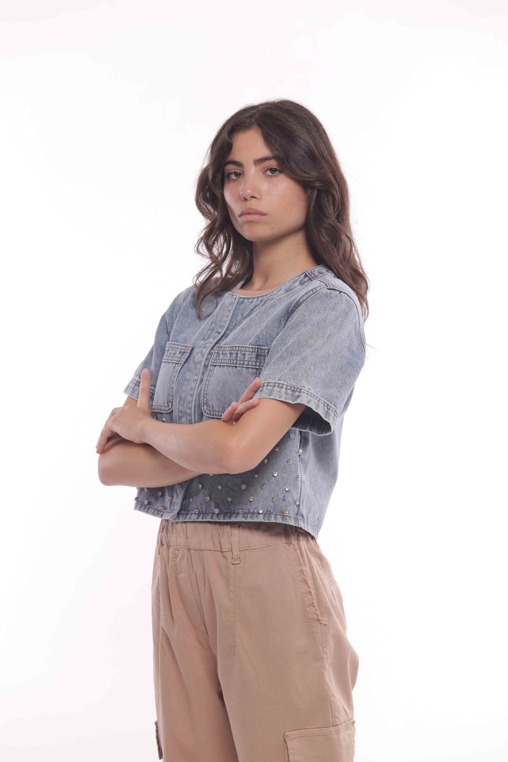 Mimi Mua Giubbotto di Jeans con Rivetti Gioiello Blu S | Giò Fashion