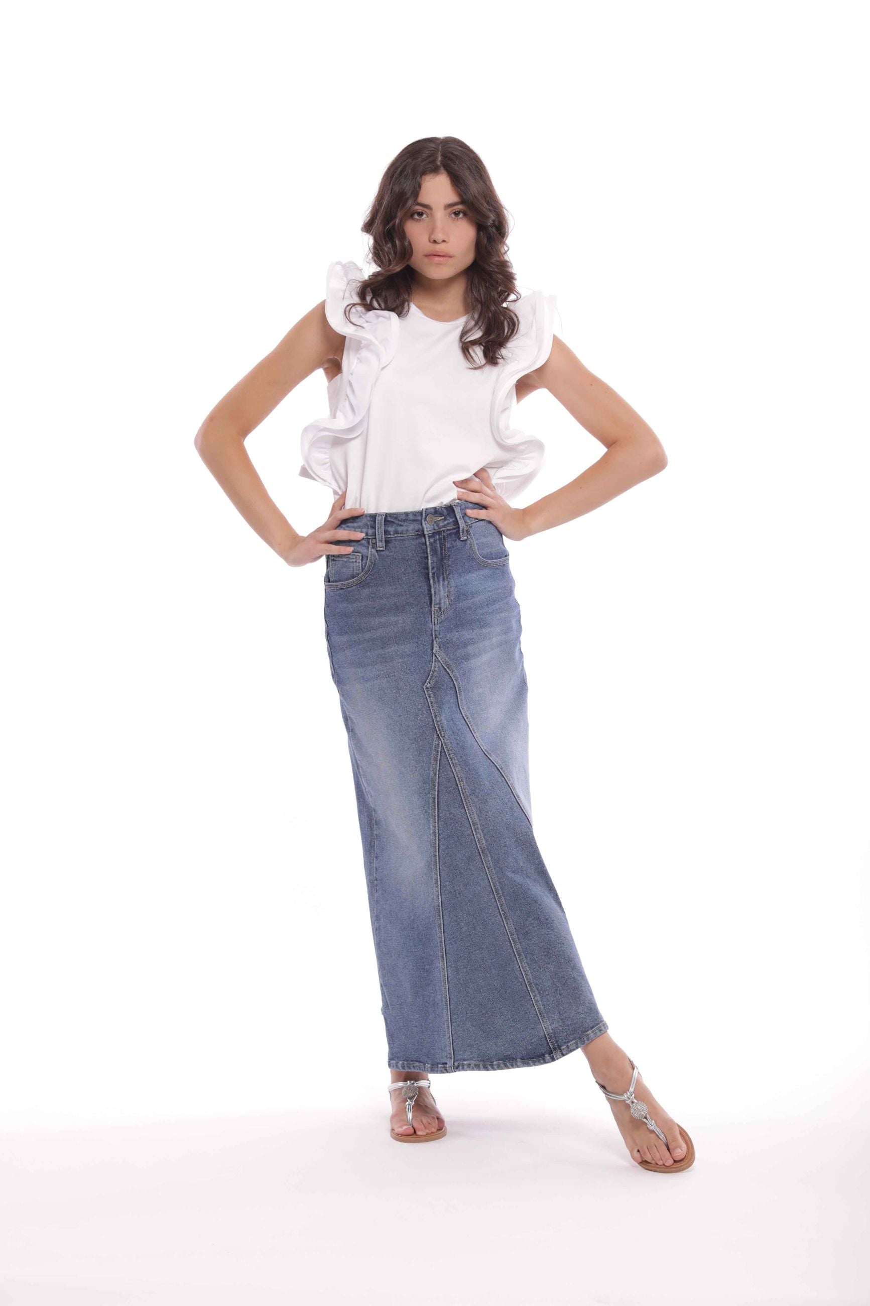 Mimi Mua Gonna Longuette in Jeans a Vita Regular