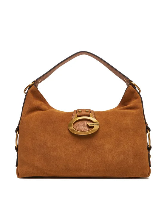 Borsa a spalla Guess in suede con dettaglio logo metallico Marrone TU | Giò Fashion