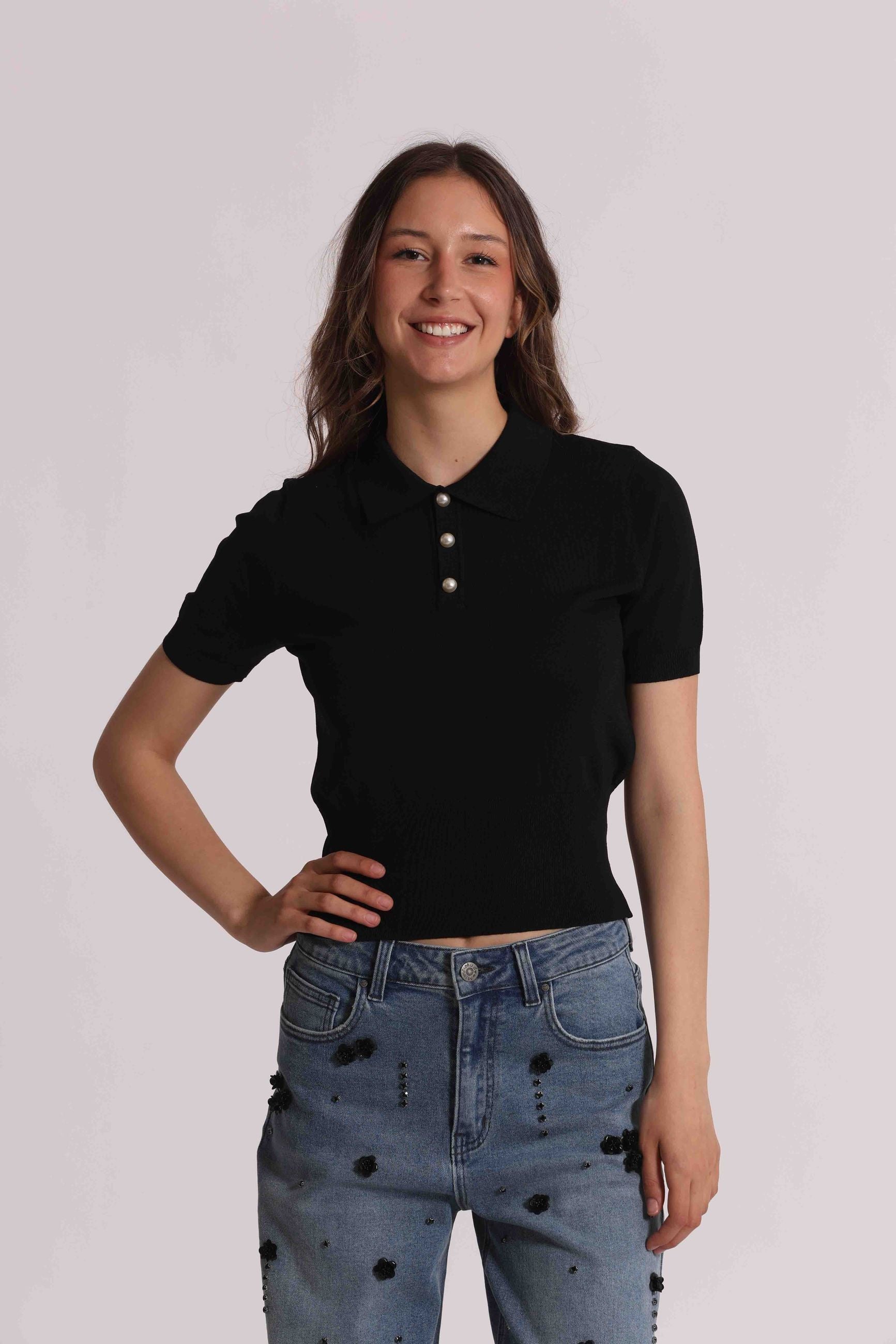 Polo donna Mimi Mua manica corta con colletto e chiusura a bottoni elegante Nero L | Giò Fashion