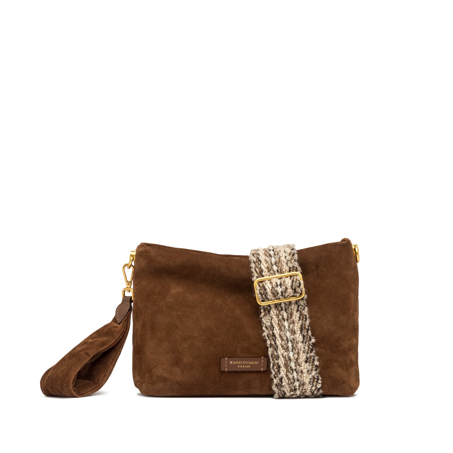 Pochette Gianni Chiarini in suede con tracolla intrecciata