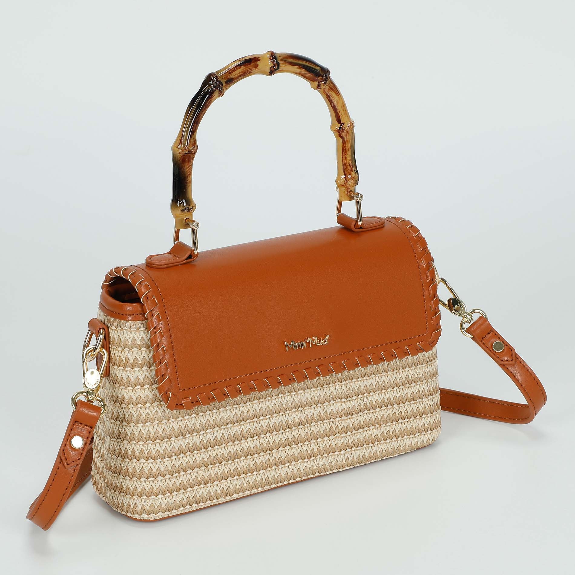 Mimi Mua borsa a tracolla in paglia con manico bamboo