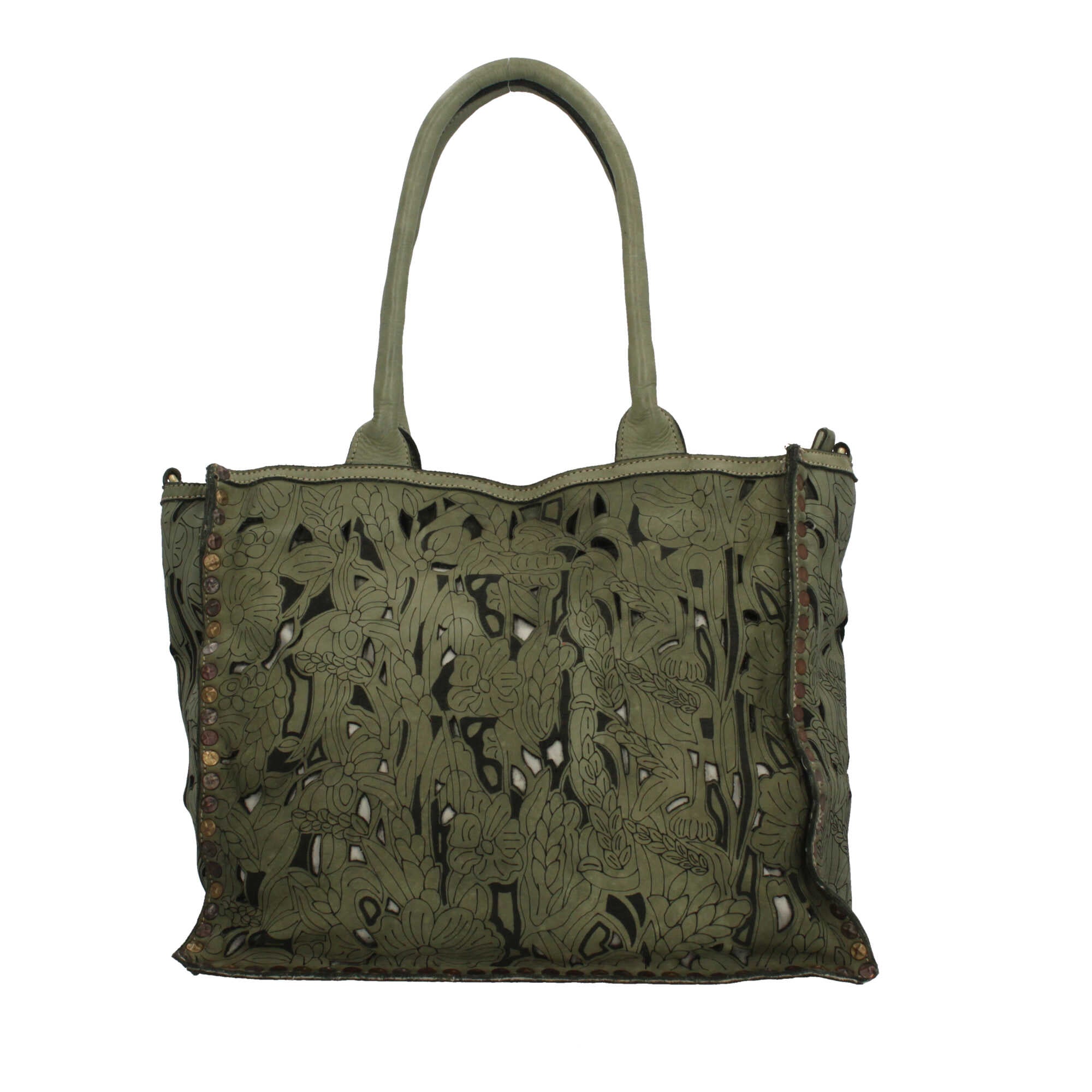 Borsa a spalla con traforo floreale e manico corto rinforzato
