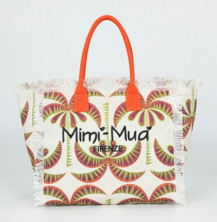 Shopper MIMI MUA in tessuto con stampa tropicale e frange