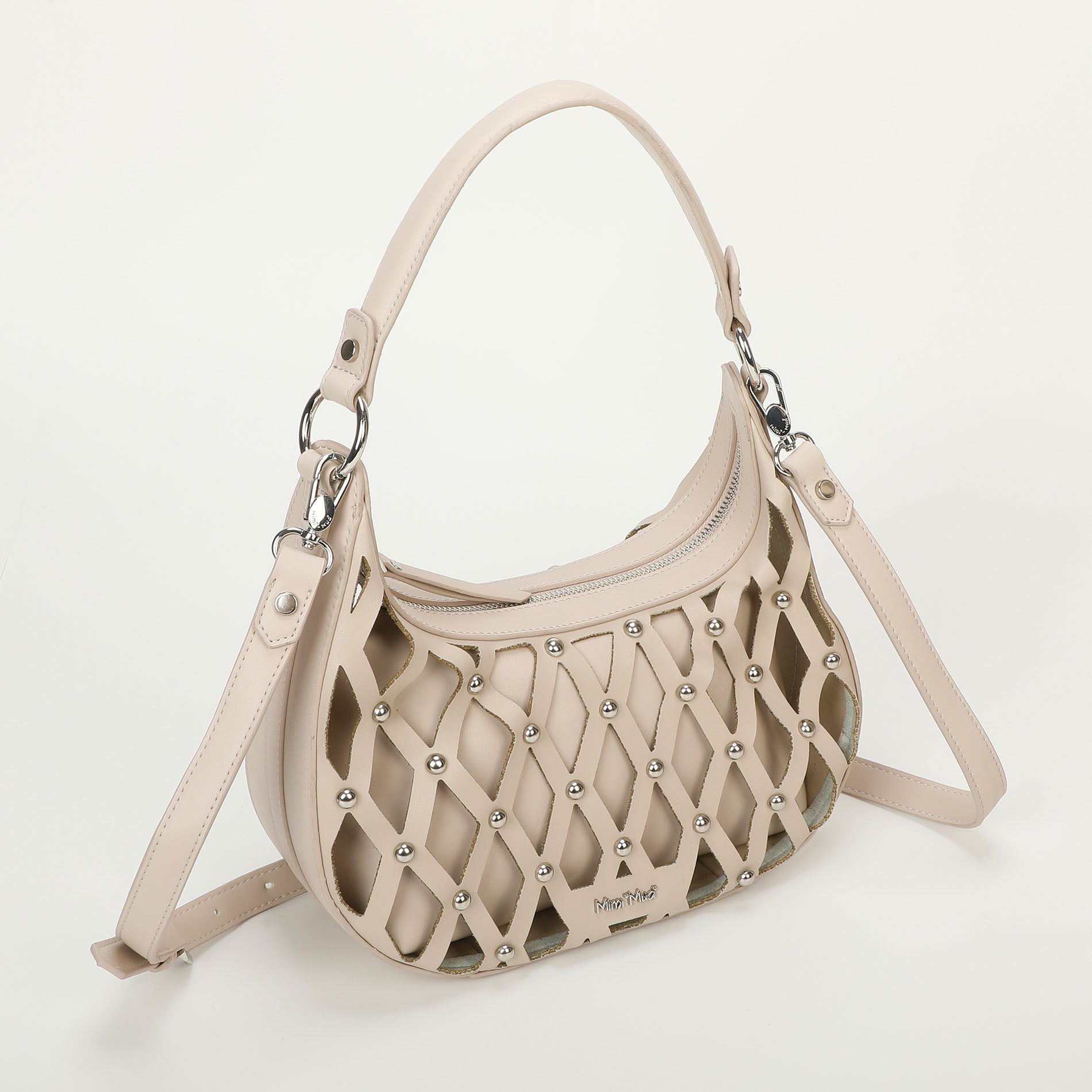 Mimi Mua borsa a spalla effetto rete con borchie Beige TU | Giò Fashion