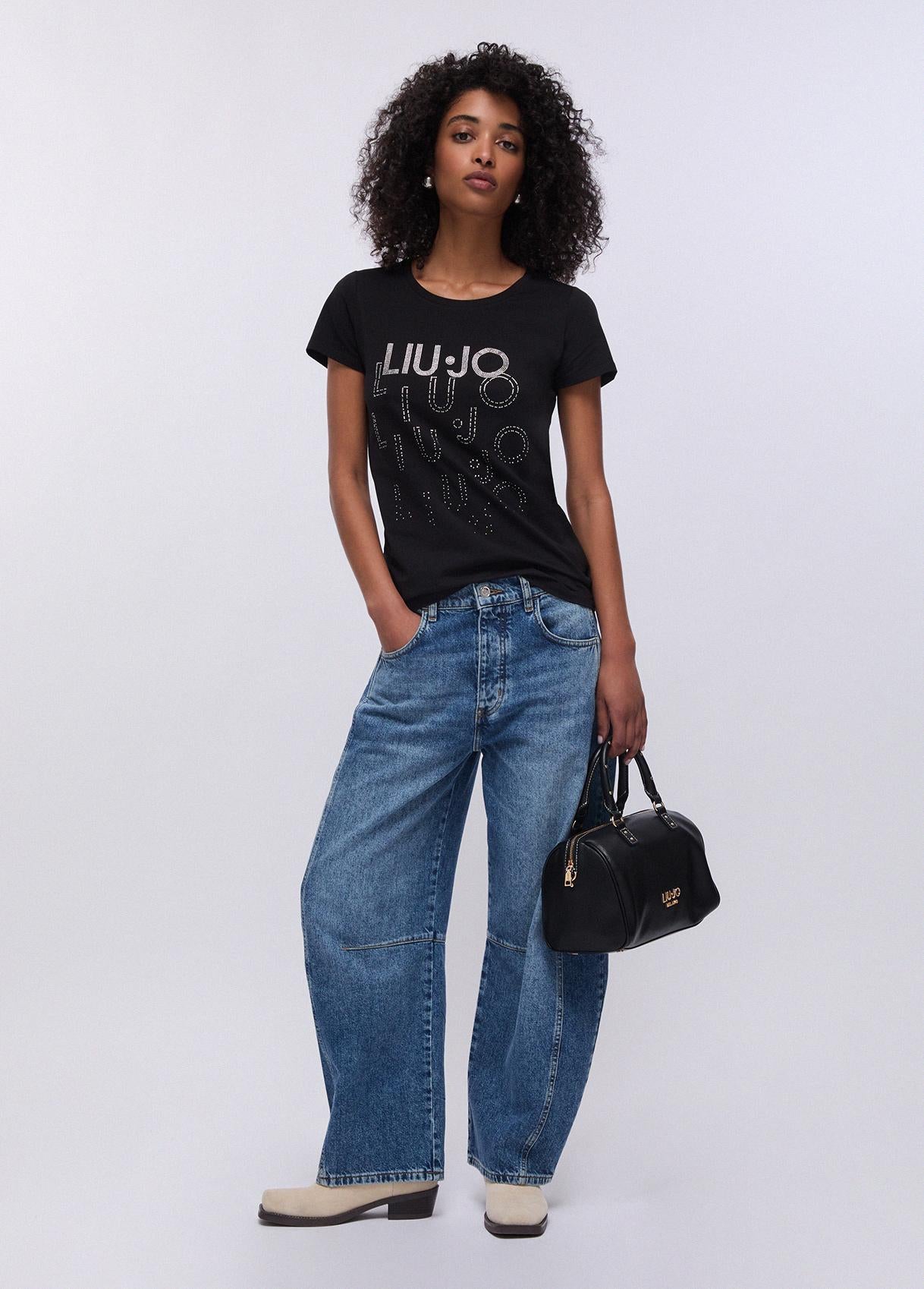 T-Shirt Liu Jo Donna con Logo Frontale Strass Nero S | Giò Fashion