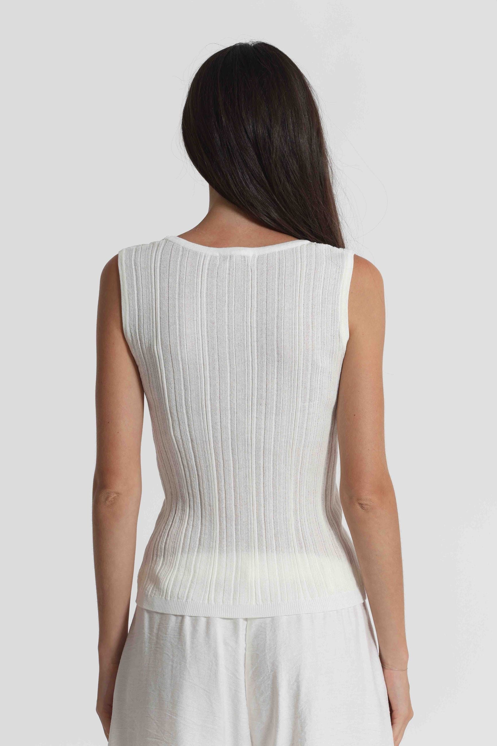 Mimi Mua top donna smanicato in maglia a coste girocollo PANNA S | Giò Fashion