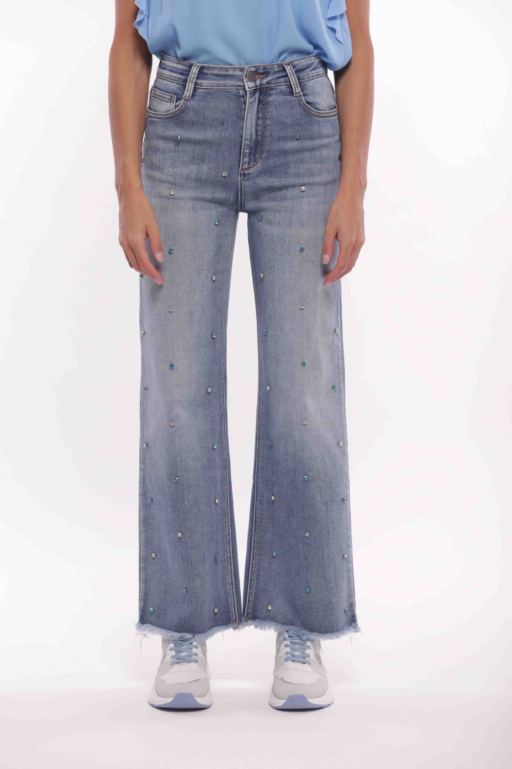 Mimi Mua Jeans Palazzo Sfrangiato con Rivetti Gioiello