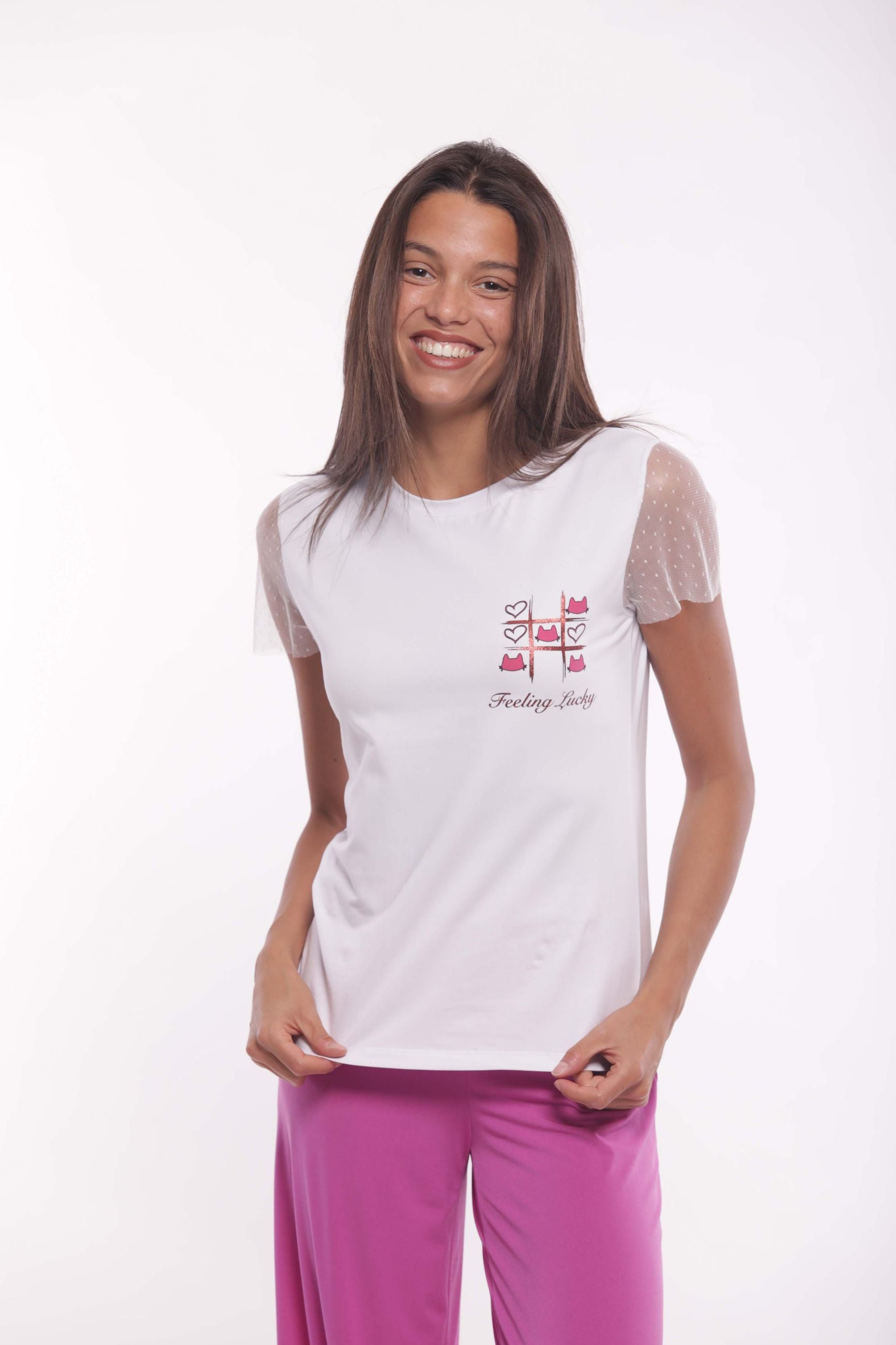 Minimua T-shirt Feeling Lucky con Maniche in Tulle