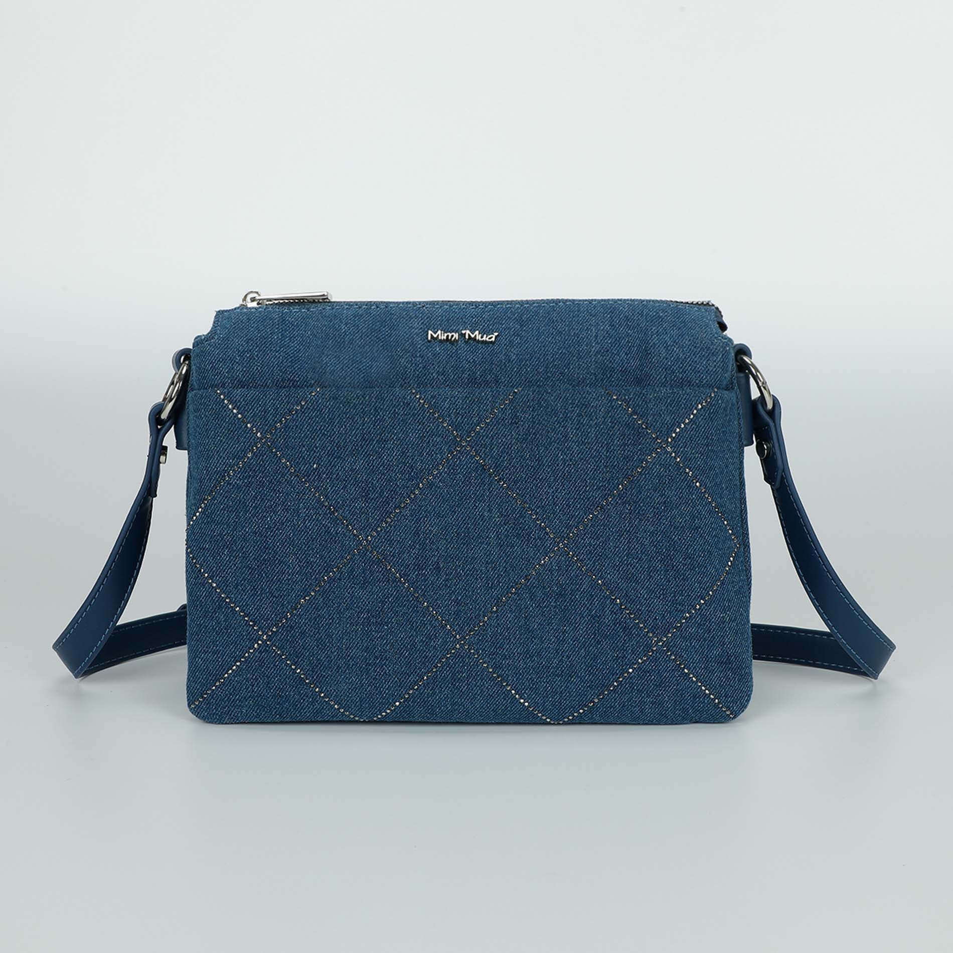Mimi Mua borsa a busta in jeans con strass