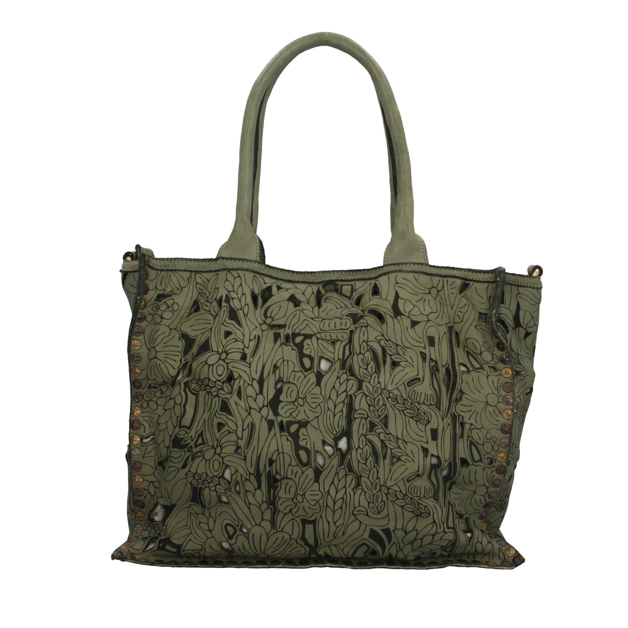 Borsa a spalla con traforo floreale e manico corto rinforzato