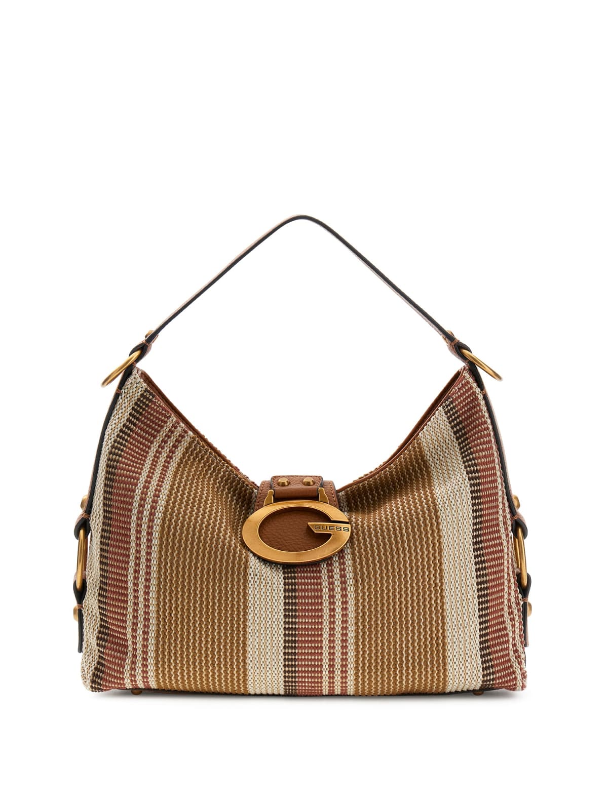 Borsa a spalla Guess donna in tessuto intrecciato a righe con logo frontale COGNAC MULTI TU | Giò Fashion