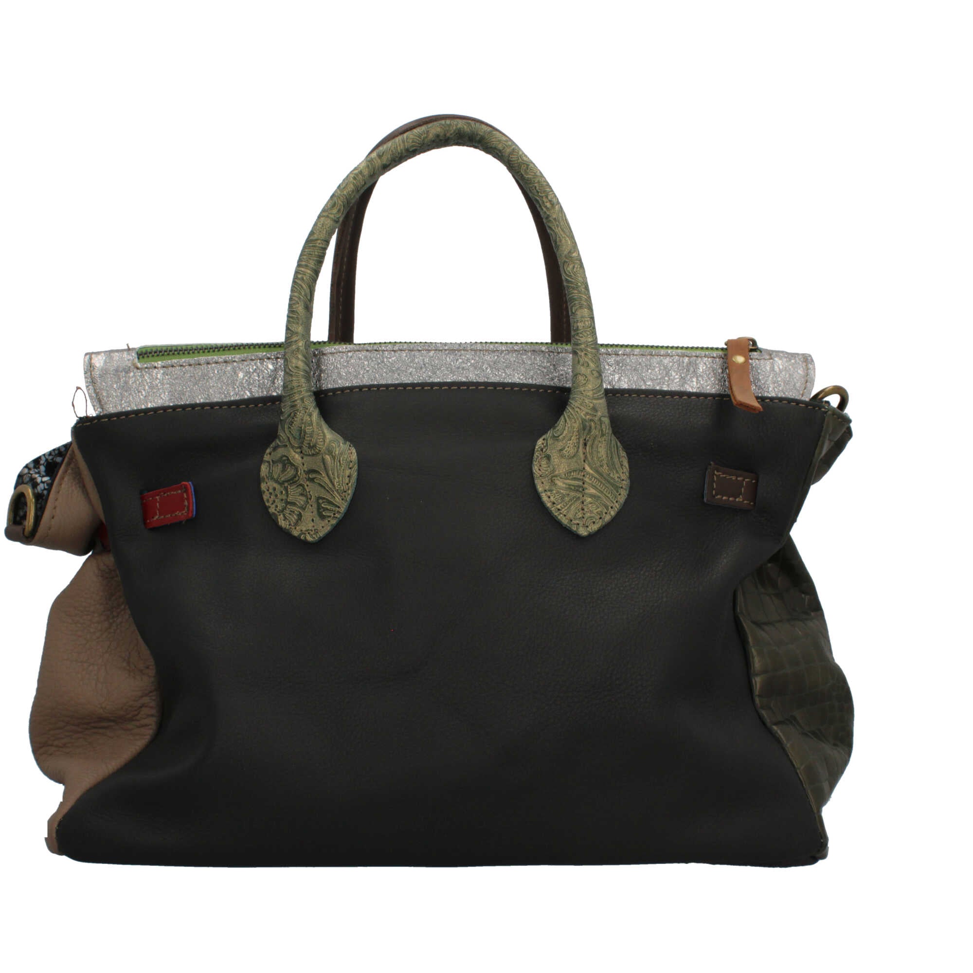 Borsa a mano Made in Italy con patta effetto metallizzato e stampa artistica