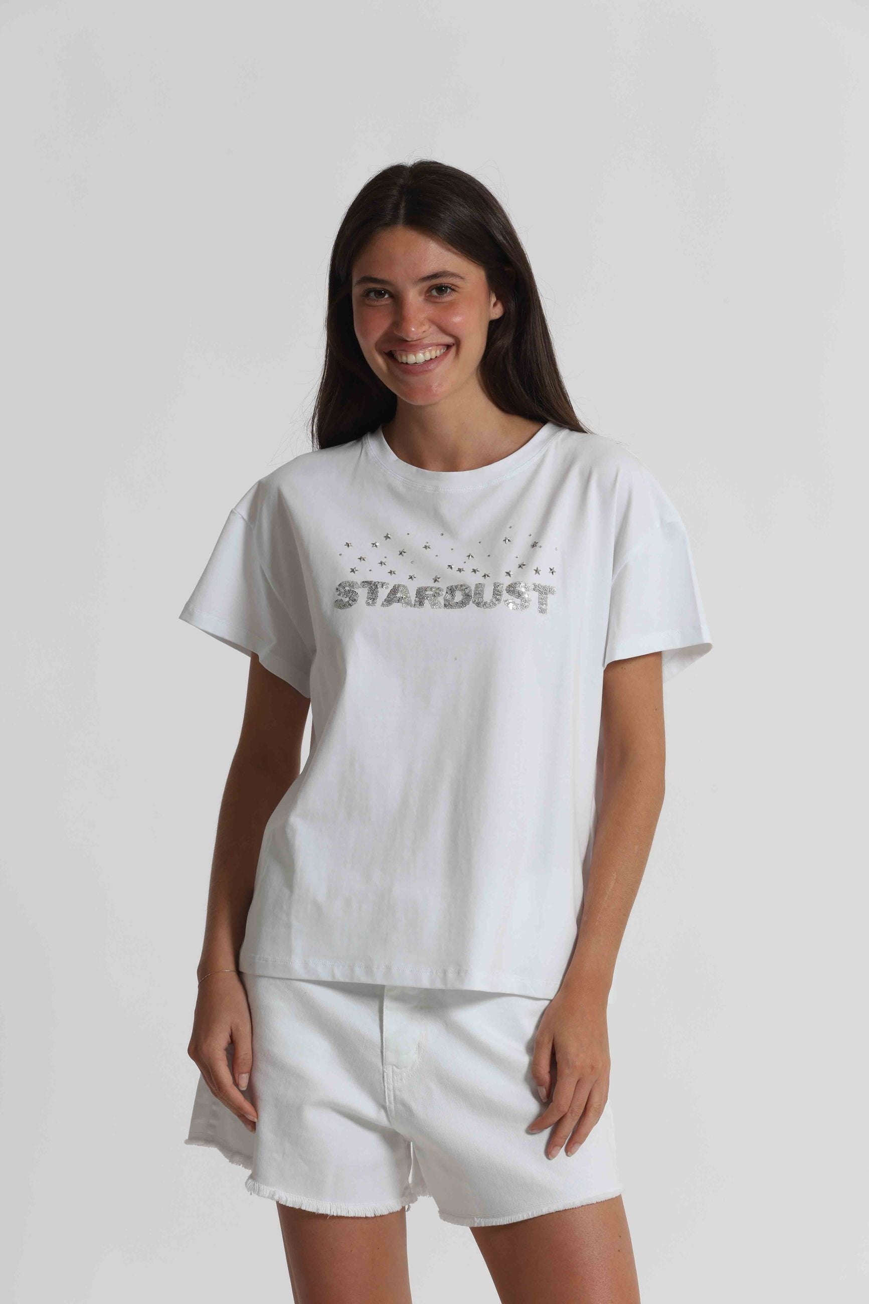 T-shirt donna Mimi Mua con stampa Stardust e vestibilità ampia contemporanea Bianco S | Giò Fashion