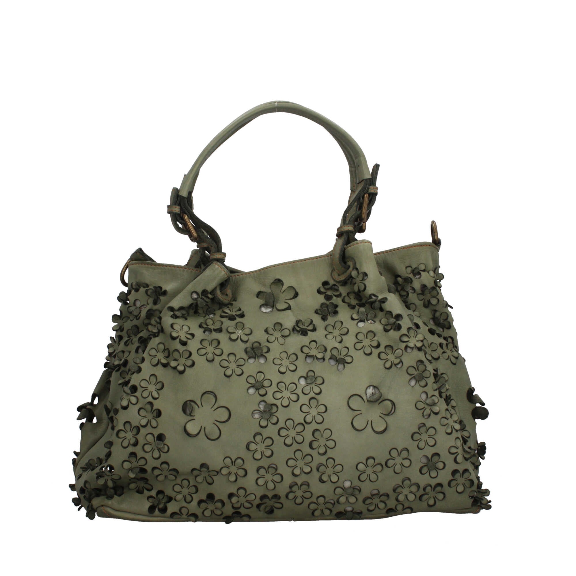 Borsa elegante traforata con motivo floreale e manici intrecciati