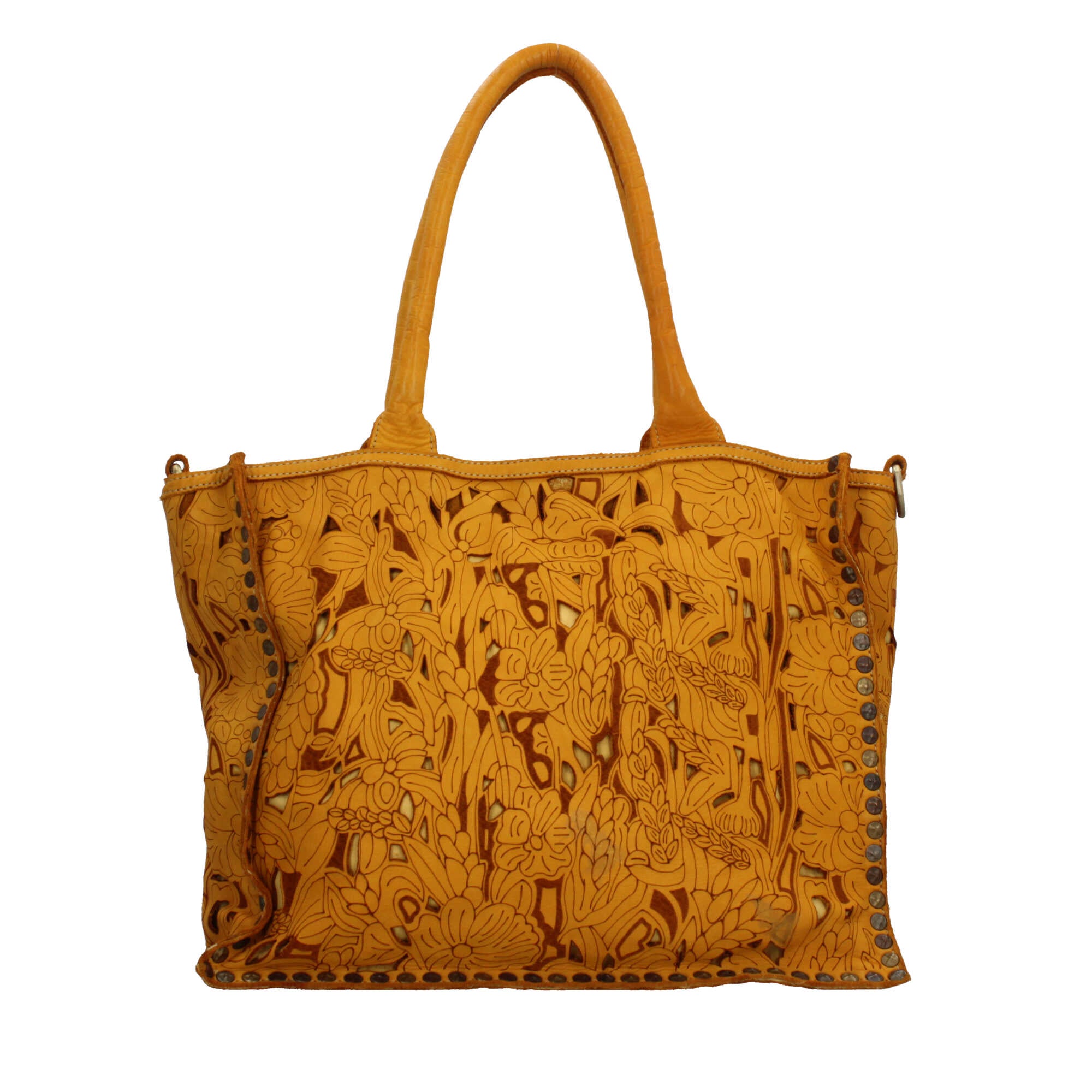 Borsa a spalla con traforo floreale e manico corto rinforzato