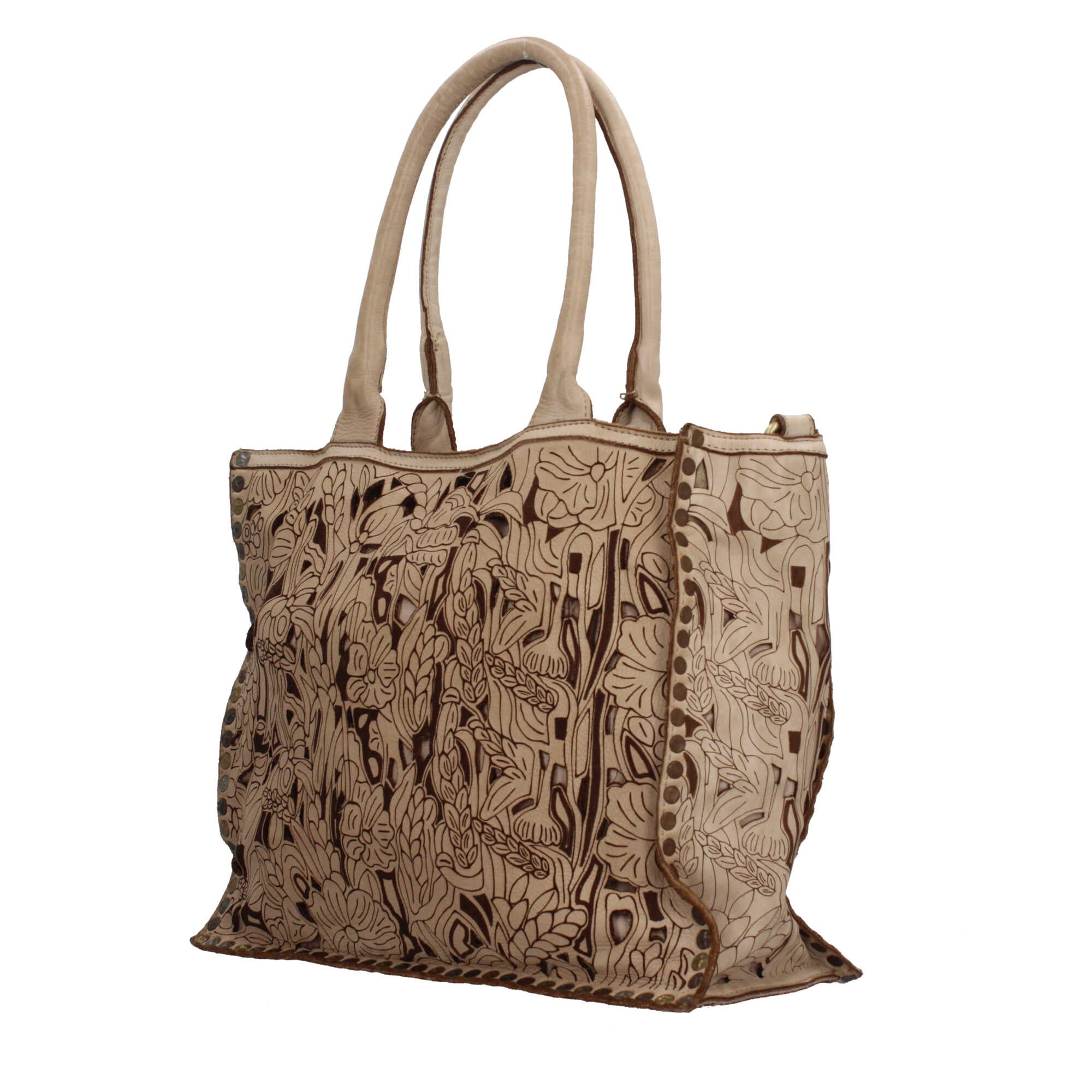 Borsa a spalla con traforo floreale e manico corto rinforzato