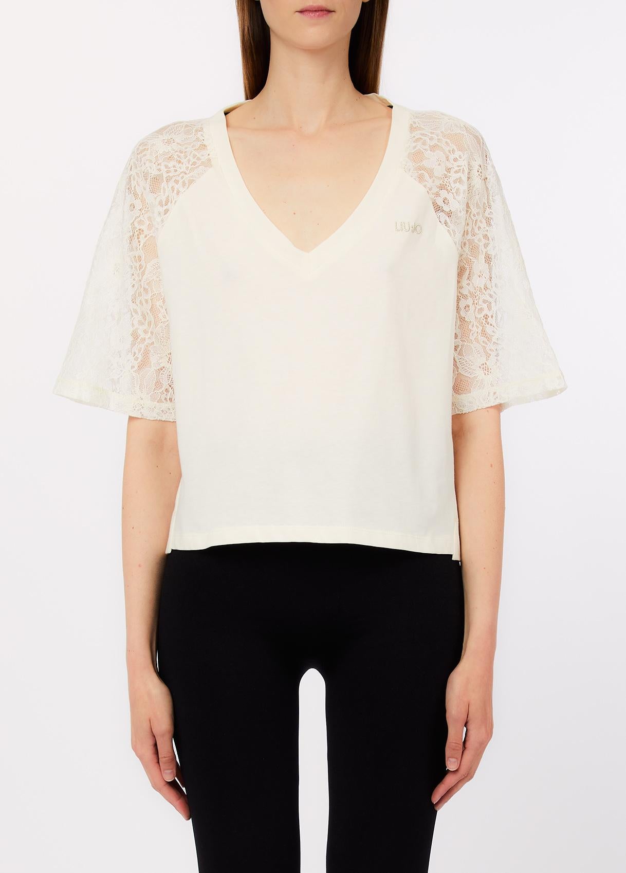 T shirt Liu Jo donna con scollo a V e maniche in pizzo Bianca L | Giò Fashion