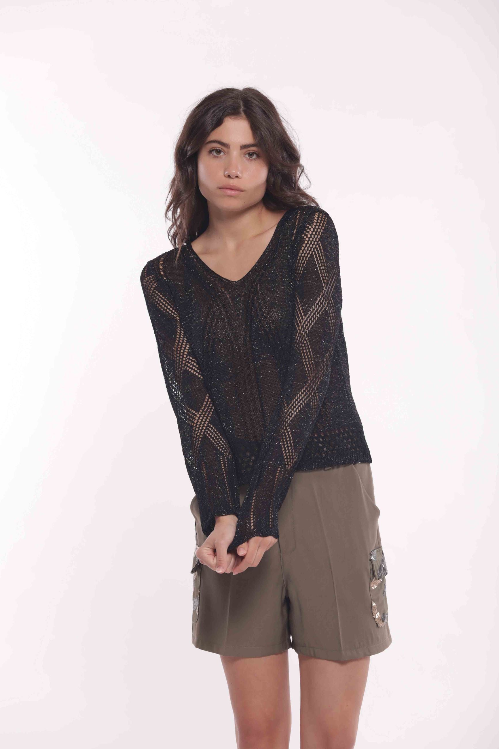 Mimi Mua Maglia Traforata con Scollo a V in Lurex Nero XL | Giò Fashion