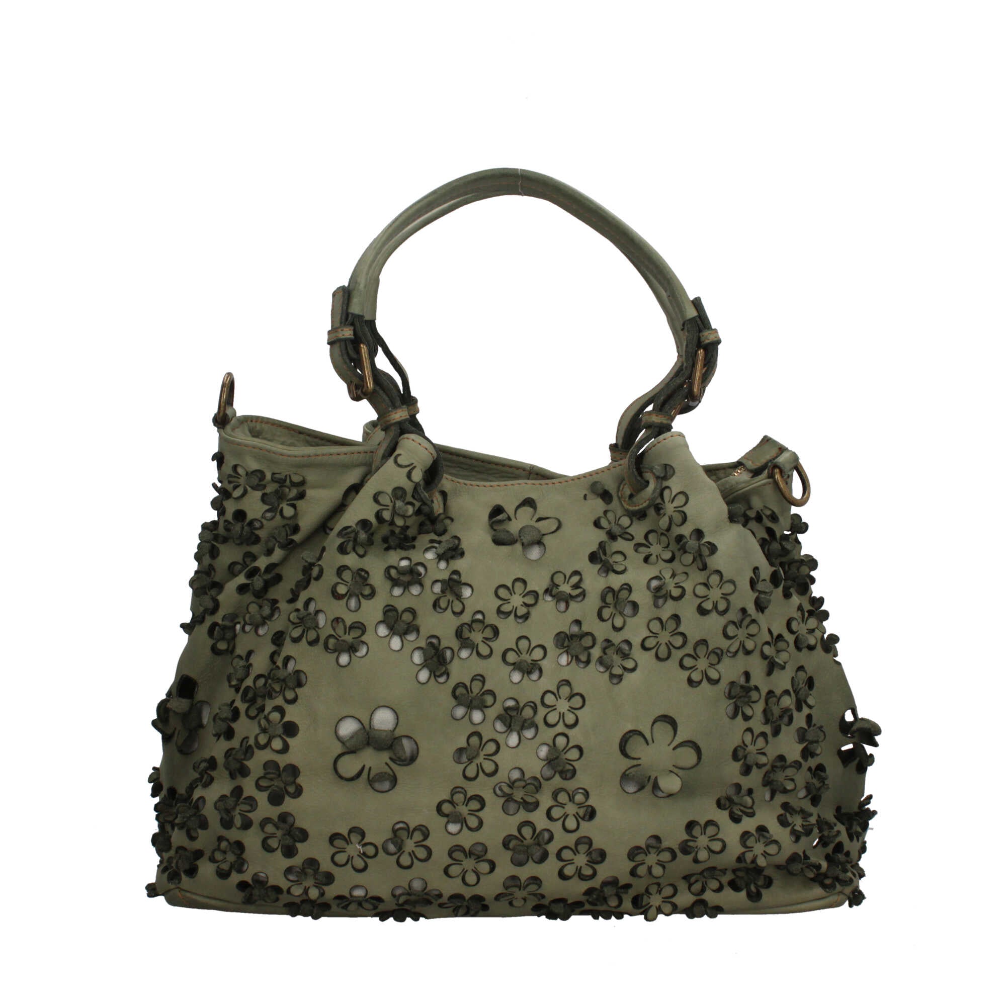 Borsa elegante traforata con motivo floreale e manici intrecciati