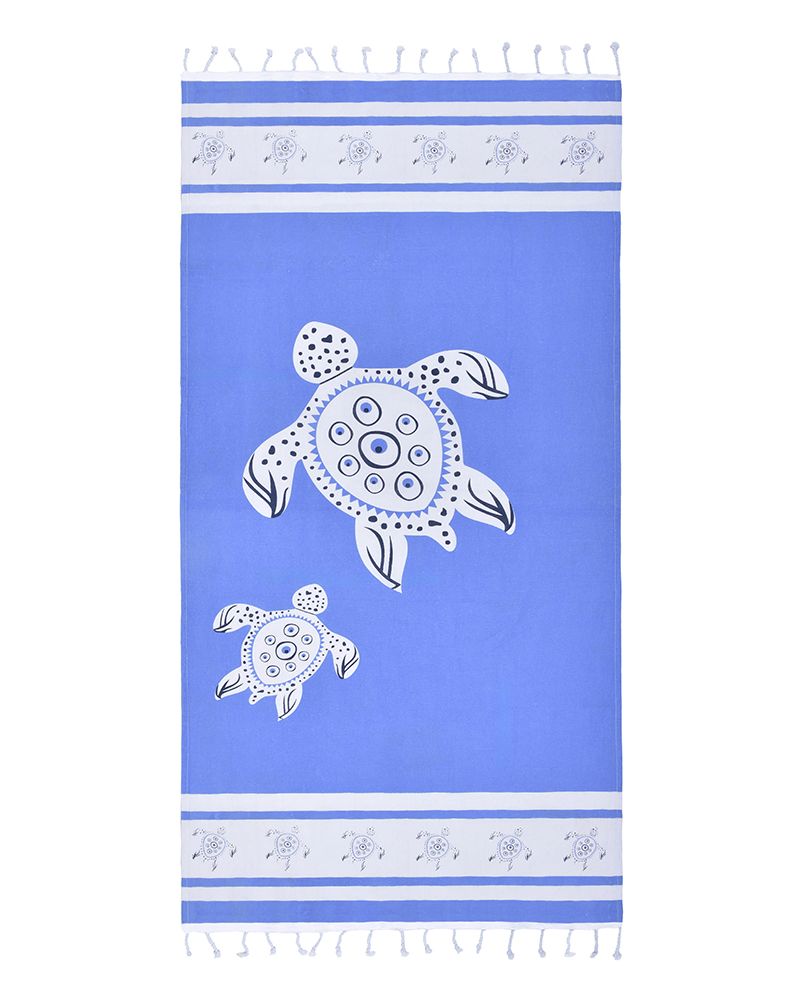 Ble Resort Collection Telo Mare Pestemal Blu e Bianco con Tartarughe