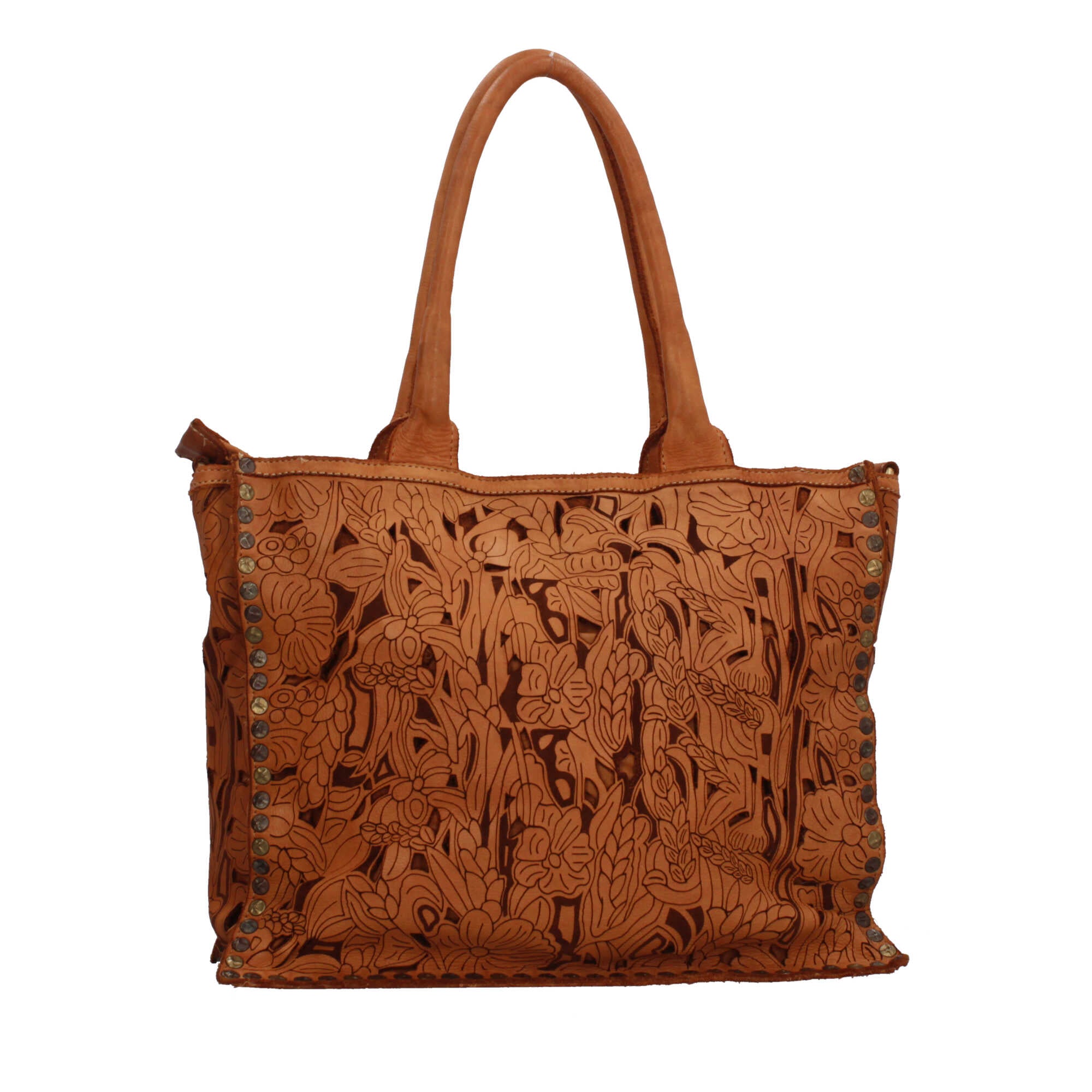 Borsa a spalla con traforo floreale e manico corto rinforzato