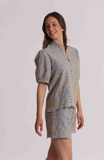 Blusa Mimi Mua Sangallo CELESTE/OCRA XS | Giò Fashion