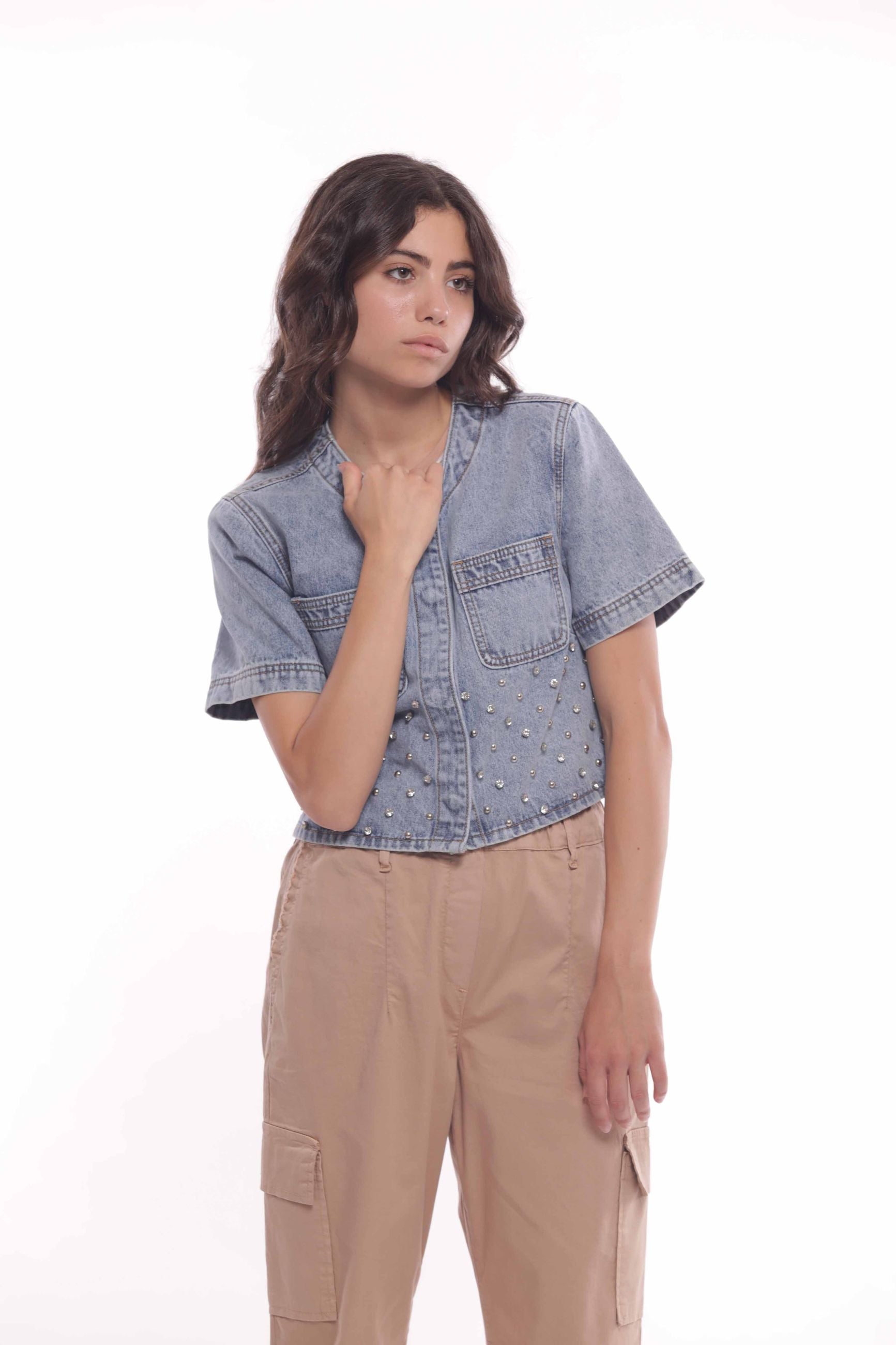 Mimi Mua Giubbotto di Jeans con Rivetti Gioiello Blu S | Giò Fashion