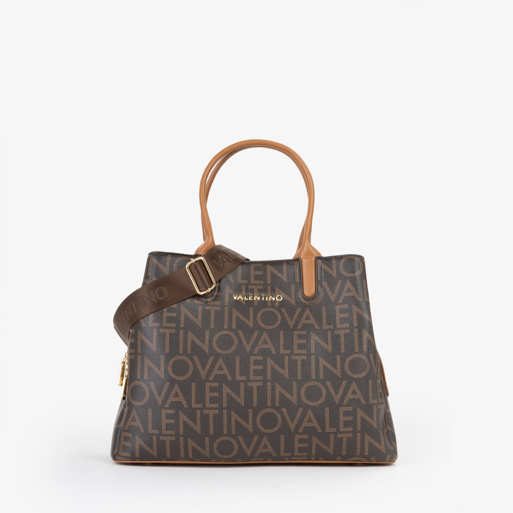Borsa a mano donna Mario Valentino con stampa logo all over e tracolla regolabile Marrone TU | Giò Fashion