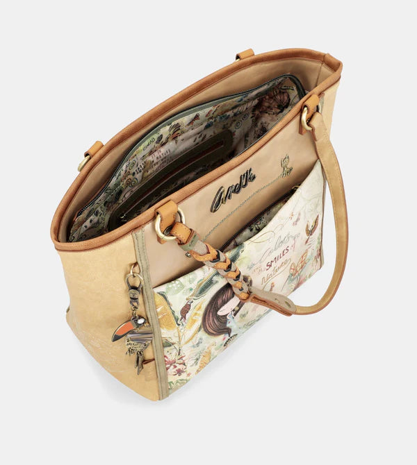 Borsa shopper Anekke con stampa natura e manici intrecciati