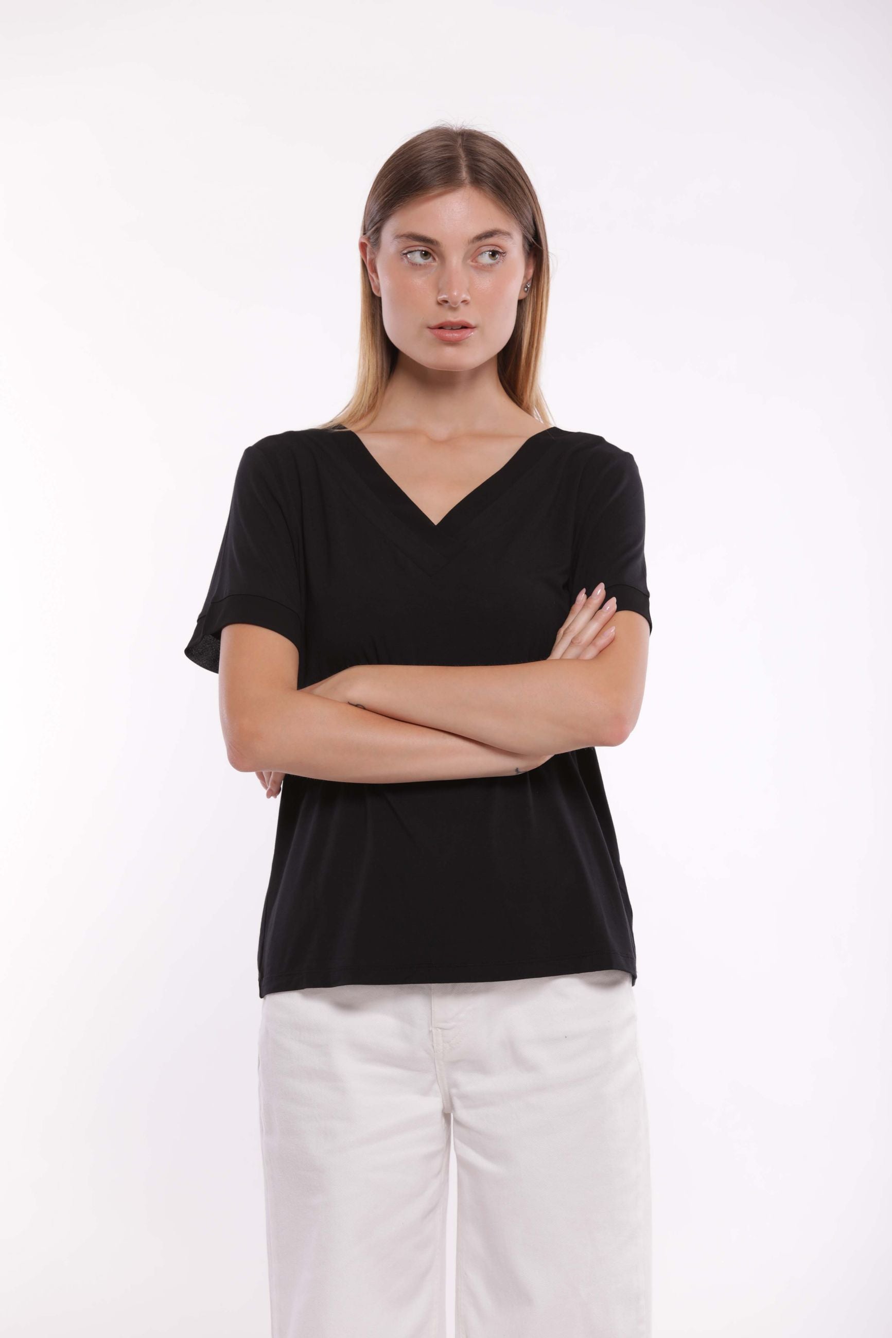 T-shirt Mimi Mua scollo a V con dettagli in georgette Nero S | Giò Fashion