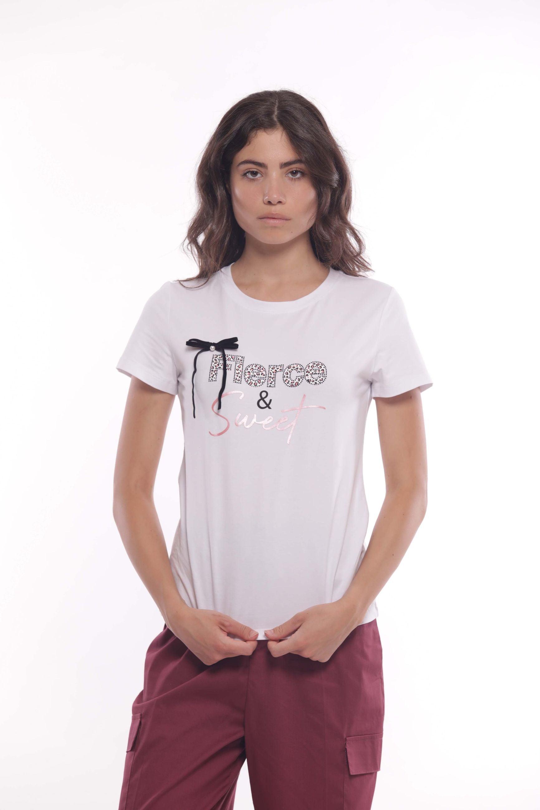 Minimua T-shirt Fierce & Sweet con Fiocco e Strass Bianco S | Giò Fashion
