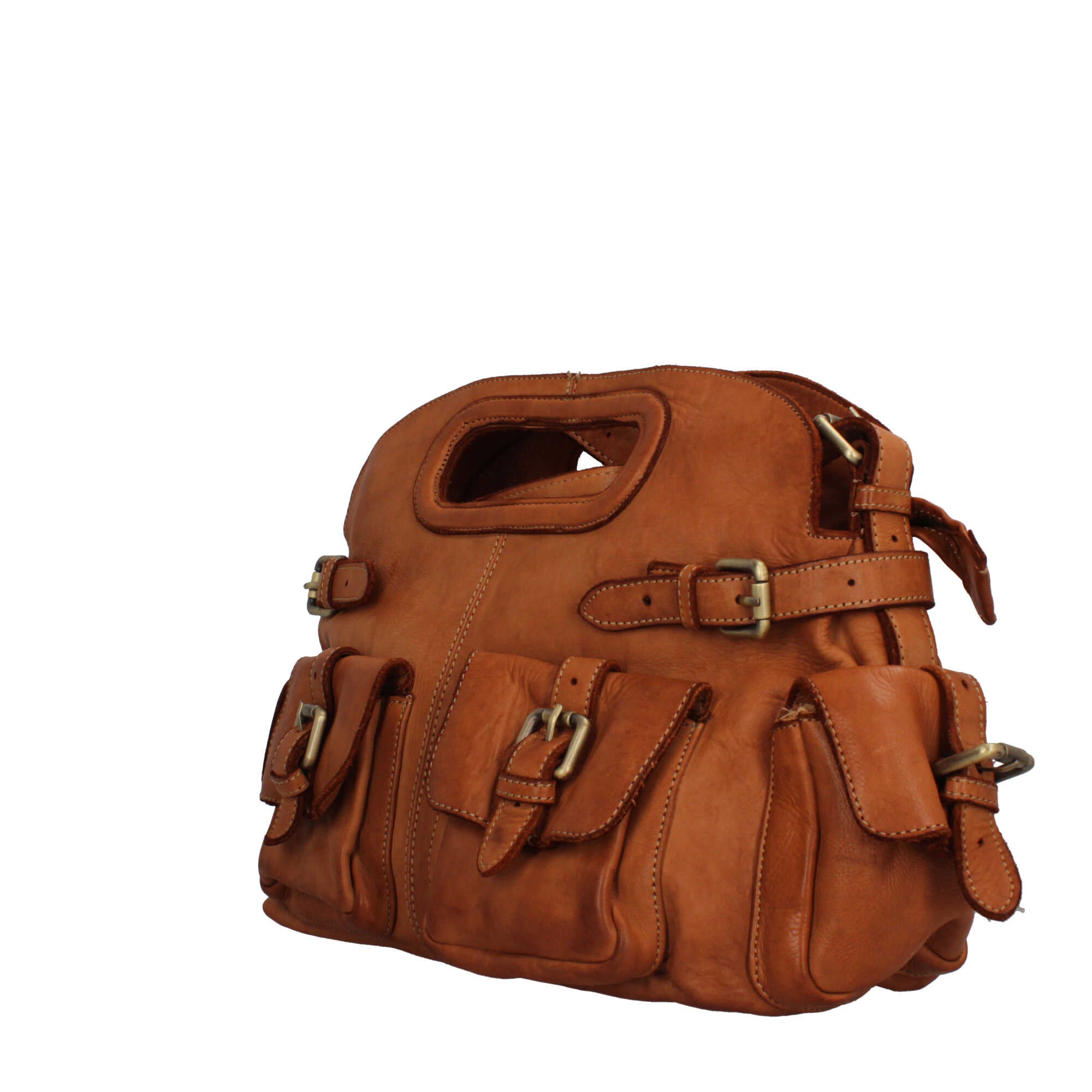 Borsa Made in Italy in pelle con tasche frontali e manico rigido