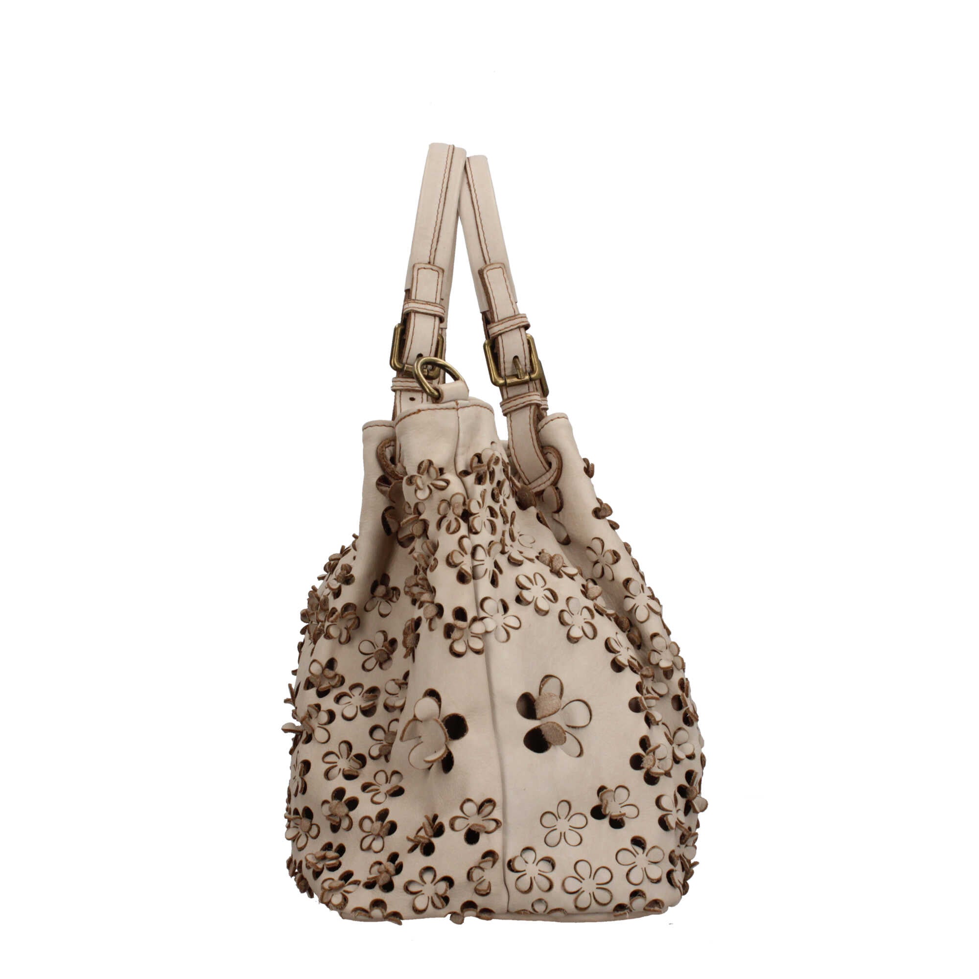 Borsa elegante traforata con motivo floreale e manici intrecciati