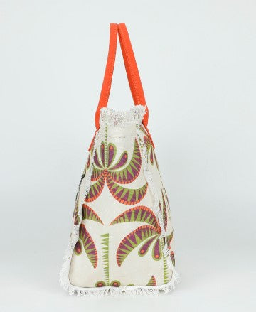 Shopper MIMI MUA in tessuto con stampa tropicale e frange