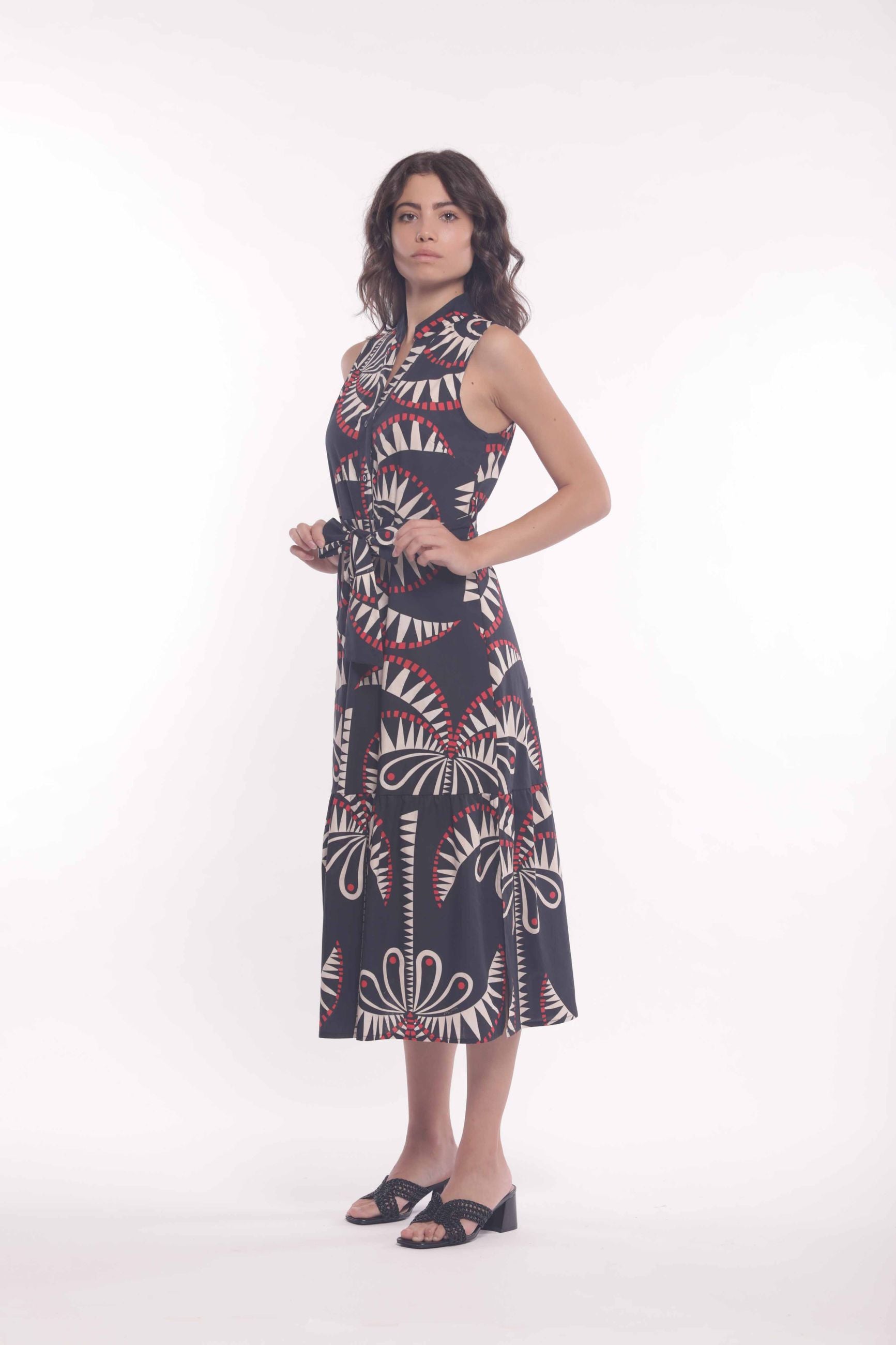 Mimi Mua abito chemisier smanicato con fantasia Palms Nero S | Giò Fashion