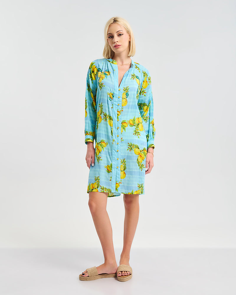 Ble Resort Collection Kaftan Corto a Maniche Lunghe con Dettagli Limone