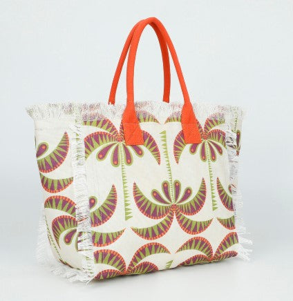 Shopper MIMI MUA in tessuto con stampa tropicale e frange