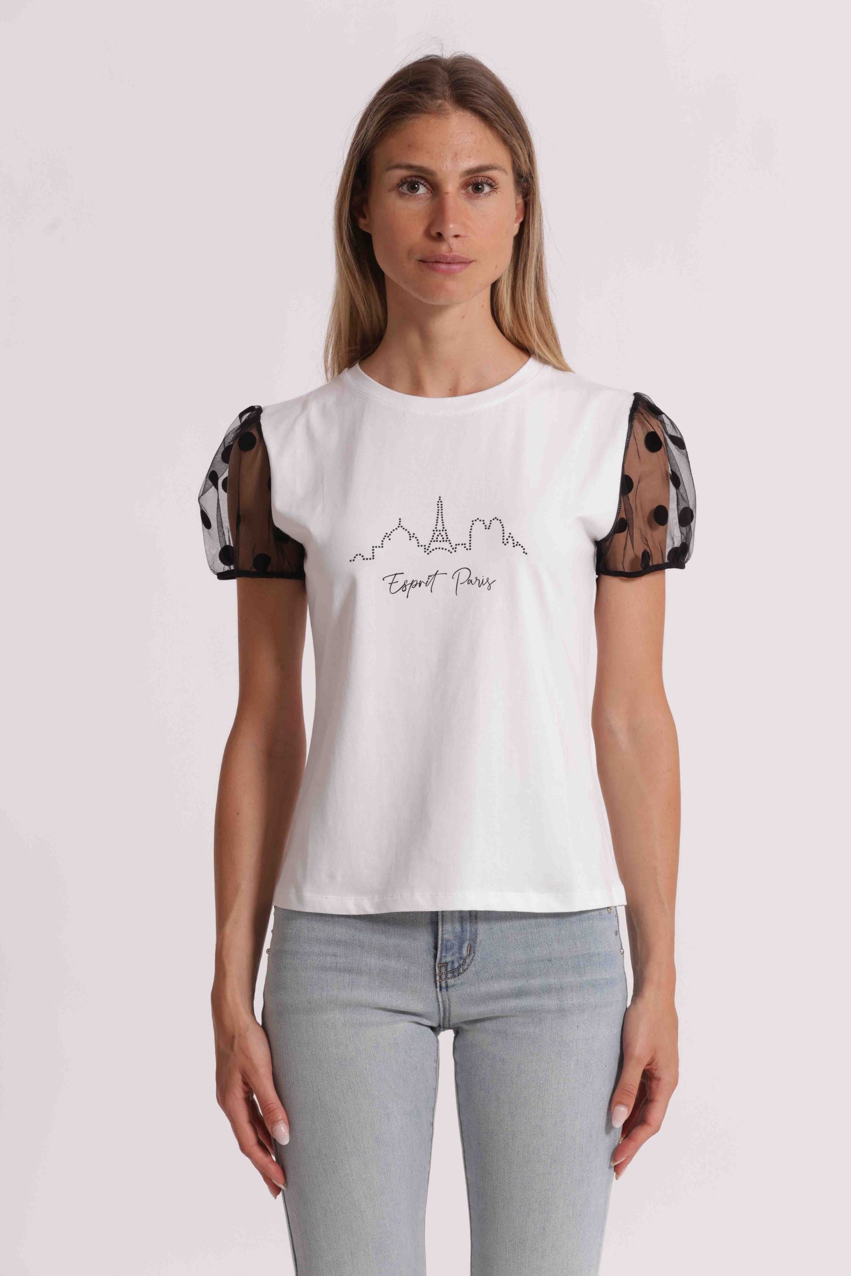 T-shirt donna Mimi Mua con maniche in tulle e stampa frontale stile romantico Bianco S | Giò Fashion
