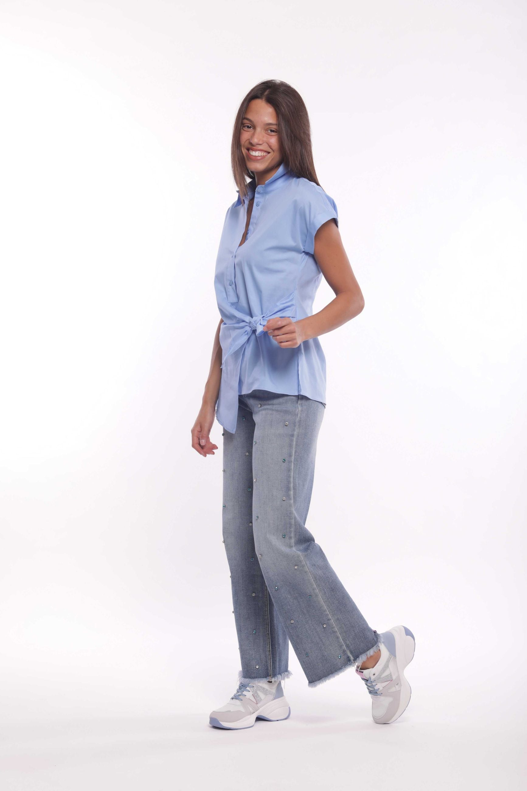 Mimi Mua Jeans Palazzo Sfrangiato con Rivetti Gioiello