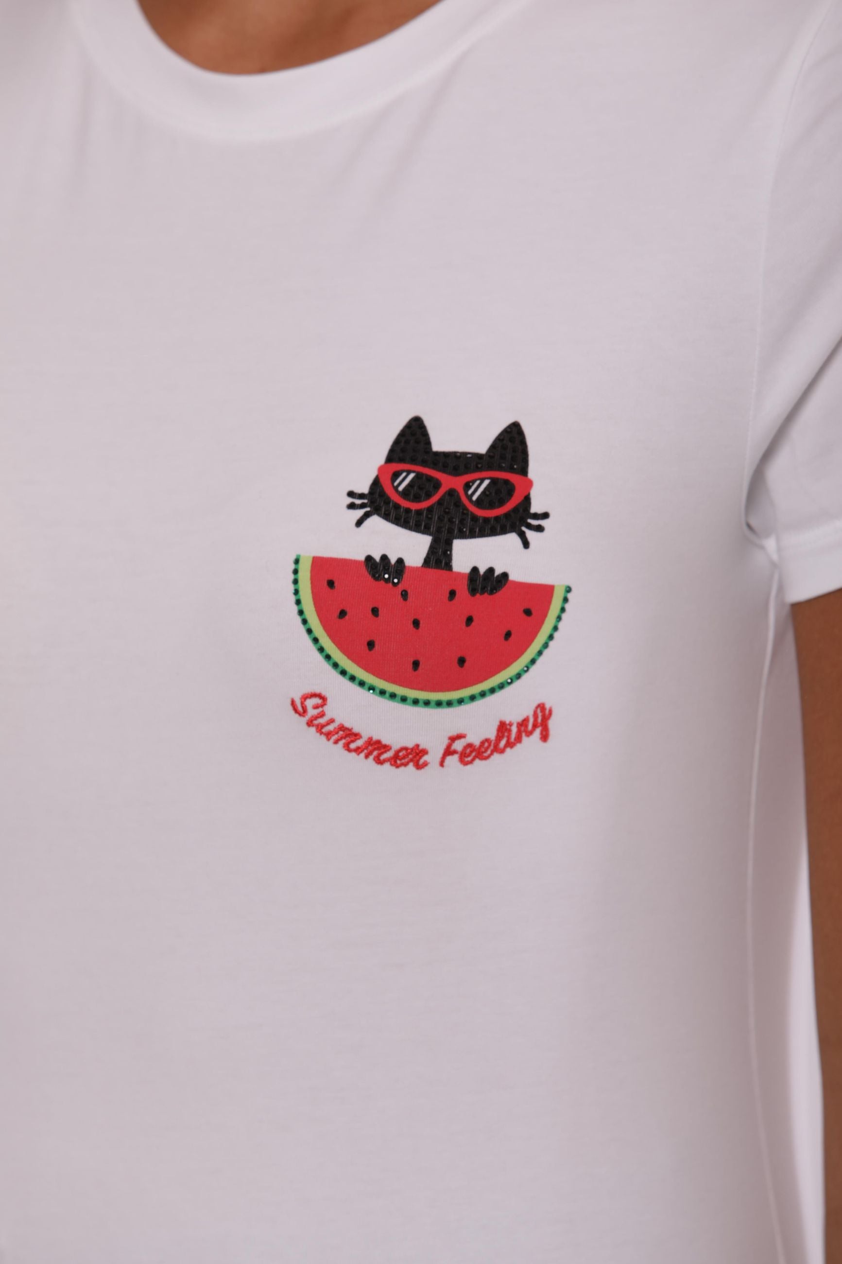 Minimua T-shirt con Ricamo Anguria e Gatto