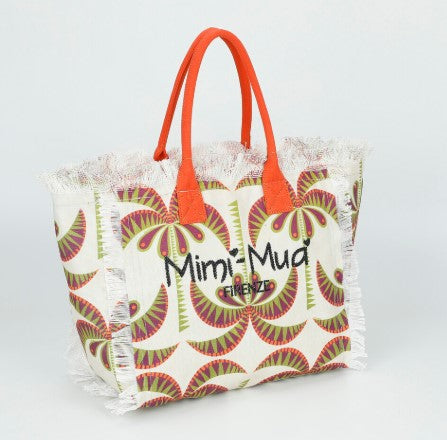 Shopper MIMI MUA in tessuto con stampa tropicale e frange
